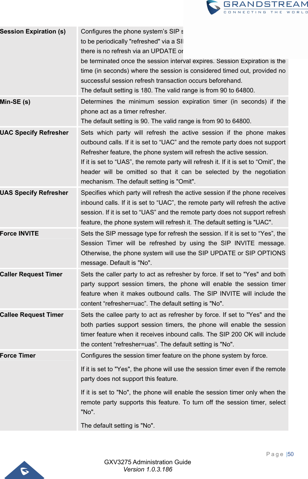 GXV3275 Administration Guide Version 1.0.3.186 Page |50  Session Expiration (s)  Configures the phone system’s SIP session timer. It enablesSIP sessions to be periodically &quot;refreshed&quot; via a SIP request (UPDATE, or re-INVITE). If there is no refresh via an UPDATE or re-INVITE message, the session will be terminated once the session interval expires. Session Expiration is the time (in seconds) where the session is considered timed out, provided no successful session refresh transaction occurs beforehand.   The default setting is 180. The valid range is from 90 to 64800. Min-SE (s)  Determines the minimum session expiration timer (in seconds) if the phone act as a timer refresher.   The default setting is 90. The valid range is from 90 to 64800. UAC Specify Refresher  Sets which party will refresh the active session if the phone makes outbound calls. If it is set to “UAC” and the remote party does not support Refresher feature, the phone system will refresh the active session.   If it is set to “UAS”, the remote party will refresh it. If it is set to “Omit”, the header will be omitted so that it can be selected by the negotiation mechanism. The default setting is &quot;Omit&quot;. UAS Specify Refresher  Specifies which party will refresh the active session if the phone receives inbound calls. If it is set to “UAC”, the remote party will refresh the active session. If it is set to “UAS” and the remote party does not support refresh feature, the phone system will refresh it. The default setting is &quot;UAC&quot;. Force INVITE  Sets the SIP message type for refresh the session. If it is set to “Yes”, the Session Timer will be refreshed by using the SIP INVITE message. Otherwise, the phone system will use the SIP UPDATE or SIP OPTIONS message. Default is &quot;No&quot;. Caller Request Timer  Sets the caller party to act as refresher by force. If set to &quot;Yes&quot; and both party support session timers, the phone will enable the session timer feature when it makes outbound calls. The SIP INVITE will include the content “refresher=uac”. The default setting is &quot;No&quot;. Callee Request Timer  Sets the callee party to act as refresher by force. If set to &quot;Yes&quot; and the both parties support session timers, the phone will enable the session timer feature when it receives inbound calls. The SIP 200 OK will include the content “refresher=uas”. The default setting is &quot;No&quot;. Force Timer  Configures the session timer feature on the phone system by force. If it is set to &quot;Yes&quot;, the phone will use the session timer even if the remote party does not support this feature.   If it is set to &quot;No&quot;, the phone will enable the session timer only when the remote party supports this feature. To turn off the session timer, select &quot;No&quot;.  The default setting is &quot;No&quot;. 