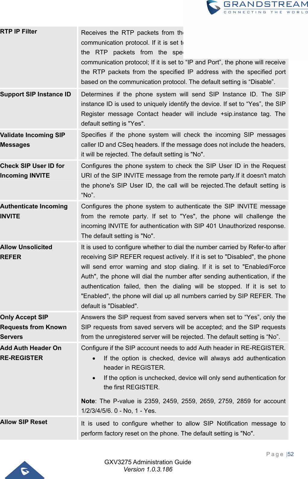 GXV3275 Administration Guide Version 1.0.3.186 Page |52  RTP IP Filter  Receives the RTP packets from the specified IP address and Port by communication protocol. If it is set to “IP Only”, the phone only receives the RTP packets from the specified IP address based on the communication protocol; If it is set to “IP and Port”, the phone will receive the RTP packets from the specified IP address with the specified port based on the communication protocol. The default setting is “Disable”. Support SIP Instance ID  Determines if the phone system will send SIP Instance ID. The SIP instance ID is used to uniquely identify the device. If set to “Yes”, the SIP Register message Contact header will include +sip.instance tag. The default setting is &quot;Yes&quot;. Validate Incoming SIP Messages Specifies if the phone system will check the incoming SIP messages caller ID and CSeq headers. If the message does not include the headers, it will be rejected. The default setting is &quot;No&quot;. Check SIP User ID for Incoming INVITE Configures the phone system to check the SIP User ID in the Request URI of the SIP INVITE message from the remote party.If it doesn&apos;t match the phone&apos;s SIP User ID, the call will be rejected.The default setting is “No”. Authenticate Incoming INVITE Configures the phone system to authenticate the SIP INVITE message from the remote party. If set to &quot;Yes&quot;, the phone will challenge the incoming INVITE for authentication with SIP 401 Unauthorized response. The default setting is &quot;No&quot;. Allow Unsolicited REFER It is used to configure whether to dial the number carried by Refer-to after receiving SIP REFER request actively. If it is set to &quot;Disabled&quot;, the phone will send error warning and stop dialing. If it is set to &quot;Enabled/Force Auth&quot;, the phone will dial the number after sending authentication, if the authentication failed, then the dialing will be stopped. If it is set to &quot;Enabled&quot;, the phone will dial up all numbers carried by SIP REFER. The default is &quot;Disabled&quot;. Only Accept SIP Requests from Known Servers Answers the SIP request from saved servers when set to “Yes”, only the SIP requests from saved servers will be accepted; and the SIP requests from the unregistered server will be rejected. The default setting is “No”. Add Auth Header On RE-REGISTER Configure if the SIP account needs to add Auth header in RE-REGISTER.  If the option is checked, device will always add authentication header in REGISTER.     If the option is unchecked, device will only send authentication for the first REGISTER. Note: The P-value is 2359, 2459, 2559, 2659, 2759, 2859 for account 1/2/3/4/5/6. 0 - No, 1 - Yes. Allow SIP Reset  It is used to configure whether to allow SIP Notification message to perform factory reset on the phone. The default setting is &quot;No&quot;. 