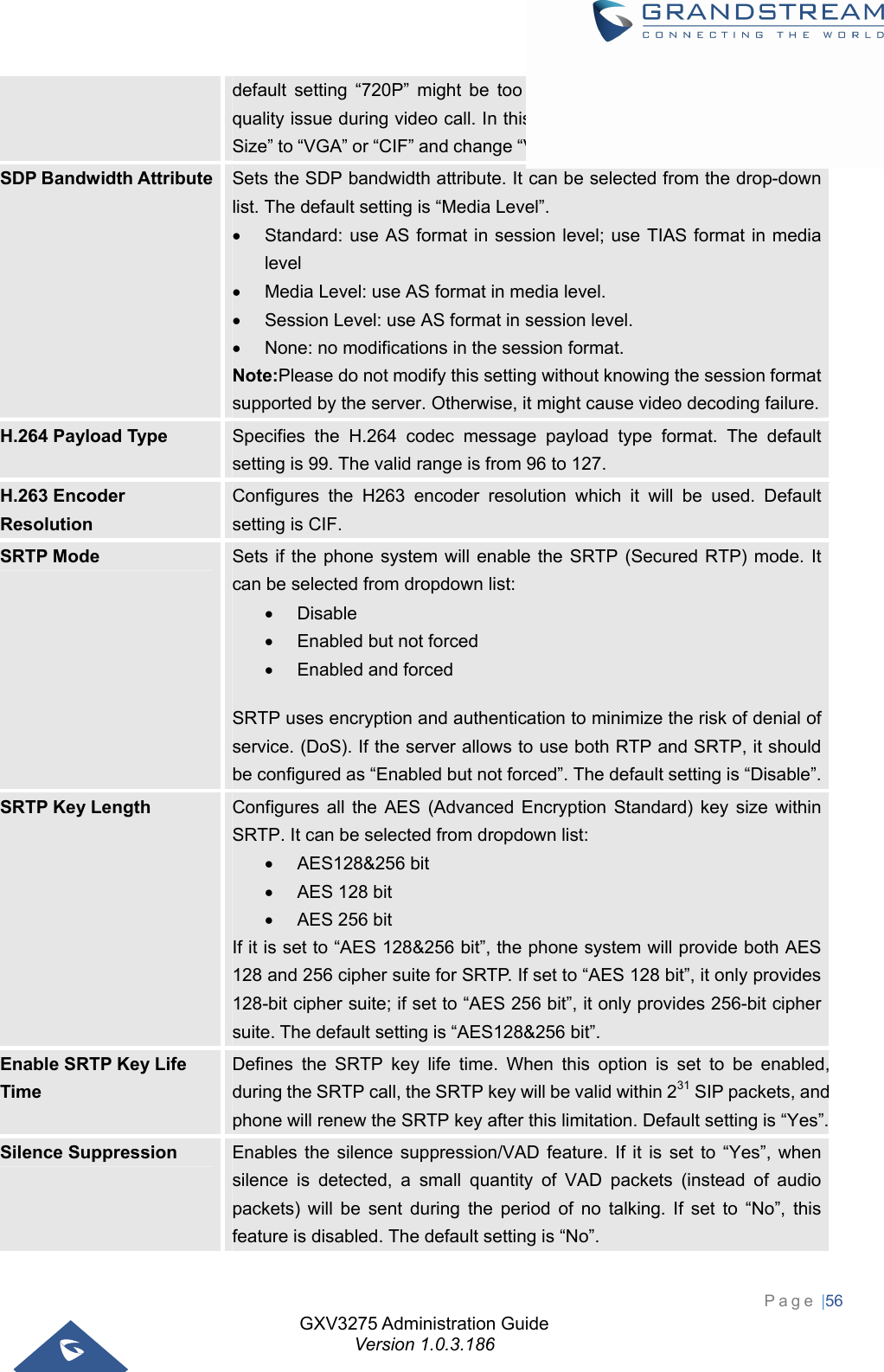 GXV3275 Administration Guide Version 1.0.3.186 Page |56  default setting “720P” might be too high that causes no video or video quality issue during video call. In this case, please change “H.264 Image Size” to “VGA” or “CIF” and change “Video Bit Rate” to “384kbps” or lower.SDP Bandwidth Attribute  Sets the SDP bandwidth attribute. It can be selected from the drop-down list. The default setting is “Media Level”.   Standard: use AS format in session level; use TIAS format in media level   Media Level: use AS format in media level.   Session Level: use AS format in session level.   None: no modifications in the session format. Note:Please do not modify this setting without knowing the session format supported by the server. Otherwise, it might cause video decoding failure.H.264 Payload Type  Specifies the H.264 codec message payload type format. The default setting is 99. The valid range is from 96 to 127. H.263 Encoder Resolution Configures the H263 encoder resolution which it will be used. Default setting is CIF. SRTP Mode  Sets if the phone system will enable the SRTP (Secured RTP) mode. It can be selected from dropdown list:  Disable   Enabled but not forced  Enabled and forced SRTP uses encryption and authentication to minimize the risk of denial of service. (DoS). If the server allows to use both RTP and SRTP, it should be configured as “Enabled but not forced”. The default setting is “Disable”.SRTP Key Length  Configures all the AES (Advanced Encryption Standard) key size within SRTP. It can be selected from dropdown list:  AES128&amp;256 bit   AES 128 bit   AES 256 bit If it is set to “AES 128&amp;256 bit”, the phone system will provide both AES 128 and 256 cipher suite for SRTP. If set to “AES 128 bit”, it only provides 128-bit cipher suite; if set to “AES 256 bit”, it only provides 256-bit cipher suite. The default setting is “AES128&amp;256 bit”. Enable SRTP Key Life Time Defines the SRTP key life time. When this option is set to be enabled,during the SRTP call, the SRTP key will be valid within 231 SIP packets, andphone will renew the SRTP key after this limitation. Default setting is “Yes”.Silence Suppression  Enables the silence suppression/VAD feature. If it is set to “Yes”, when silence is detected, a small quantity of VAD packets (instead of audio packets) will be sent during the period of no talking. If set to “No”, this feature is disabled. The default setting is “No”. 