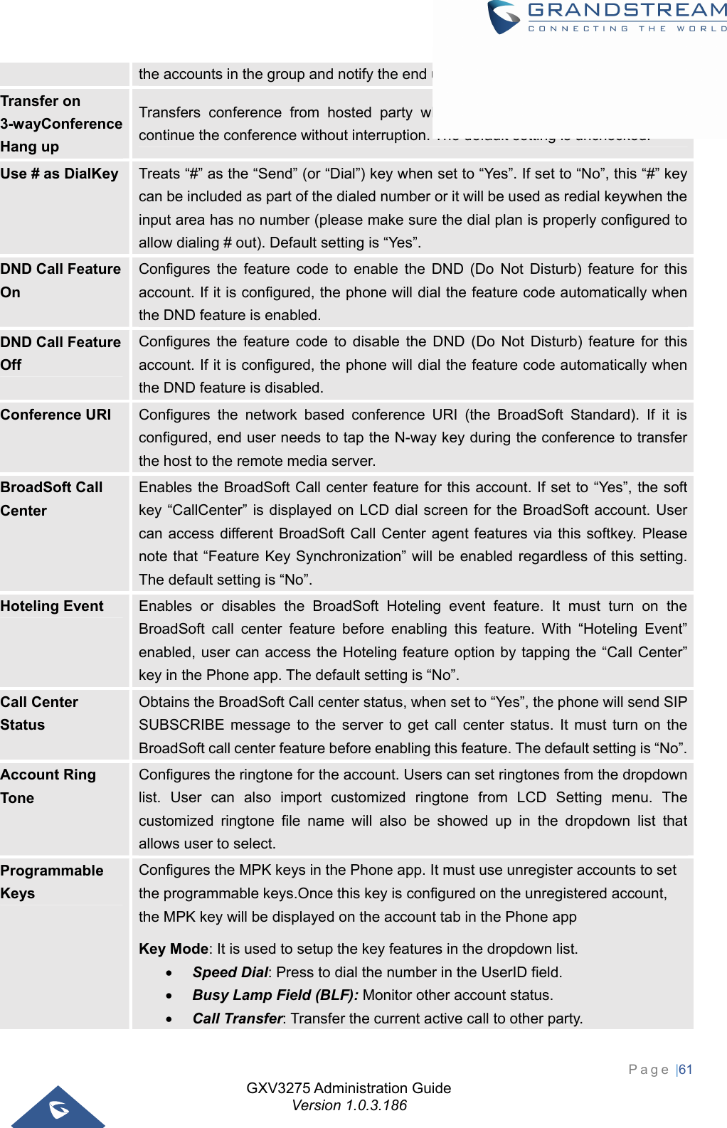 GXV3275 Administration Guide Version 1.0.3.186 Page |61  the accounts in the group and notify the end users the session is failed. Transfer on   3-wayConference Hang up Transfers conference from hosted party when hang up, thus other parties can continue the conference without interruption. The default setting is unchecked. Use # as DialKey  Treats “#” as the “Send” (or “Dial”) key when set to “Yes”. If set to “No”, this “#” key can be included as part of the dialed number or it will be used as redial keywhen the input area has no number (please make sure the dial plan is properly configured to allow dialing # out). Default setting is “Yes”. DND Call Feature On Configures the feature code to enable the DND (Do Not Disturb) feature for this account. If it is configured, the phone will dial the feature code automatically when the DND feature is enabled. DND Call Feature Off Configures the feature code to disable the DND (Do Not Disturb) feature for this account. If it is configured, the phone will dial the feature code automatically when the DND feature is disabled. Conference URI  Configures the network based conference URI (the BroadSoft Standard). If it is configured, end user needs to tap the N-way key during the conference to transfer the host to the remote media server. BroadSoft Call Center Enables the BroadSoft Call center feature for this account. If set to “Yes”, the soft key “CallCenter” is displayed on LCD dial screen for the BroadSoft account. User can access different BroadSoft Call Center agent features via this softkey. Please note that “Feature Key Synchronization” will be enabled regardless of this setting. The default setting is “No”. Hoteling Event  Enables or disables the BroadSoft Hoteling event feature. It must turn on the BroadSoft call center feature before enabling this feature. With “Hoteling Event” enabled, user can access the Hoteling feature option by tapping the “Call Center” key in the Phone app. The default setting is “No”. Call Center Status Obtains the BroadSoft Call center status, when set to “Yes”, the phone will send SIP SUBSCRIBE message to the server to get call center status. It must turn on the BroadSoft call center feature before enabling this feature. The default setting is “No”.Account Ring Tone Configures the ringtone for the account. Users can set ringtones from the dropdown list. User can also import customized ringtone from LCD Setting menu. The customized ringtone file name will also be showed up in the dropdown list that allows user to select. Programmable Keys Configures the MPK keys in the Phone app. It must use unregister accounts to set the programmable keys.Once this key is configured on the unregistered account, the MPK key will be displayed on the account tab in the Phone app   Key Mode: It is used to setup the key features in the dropdown list.    Speed Dial: Press to dial the number in the UserID field.  Busy Lamp Field (BLF): Monitor other account status.  Call Transfer: Transfer the current active call to other party. 