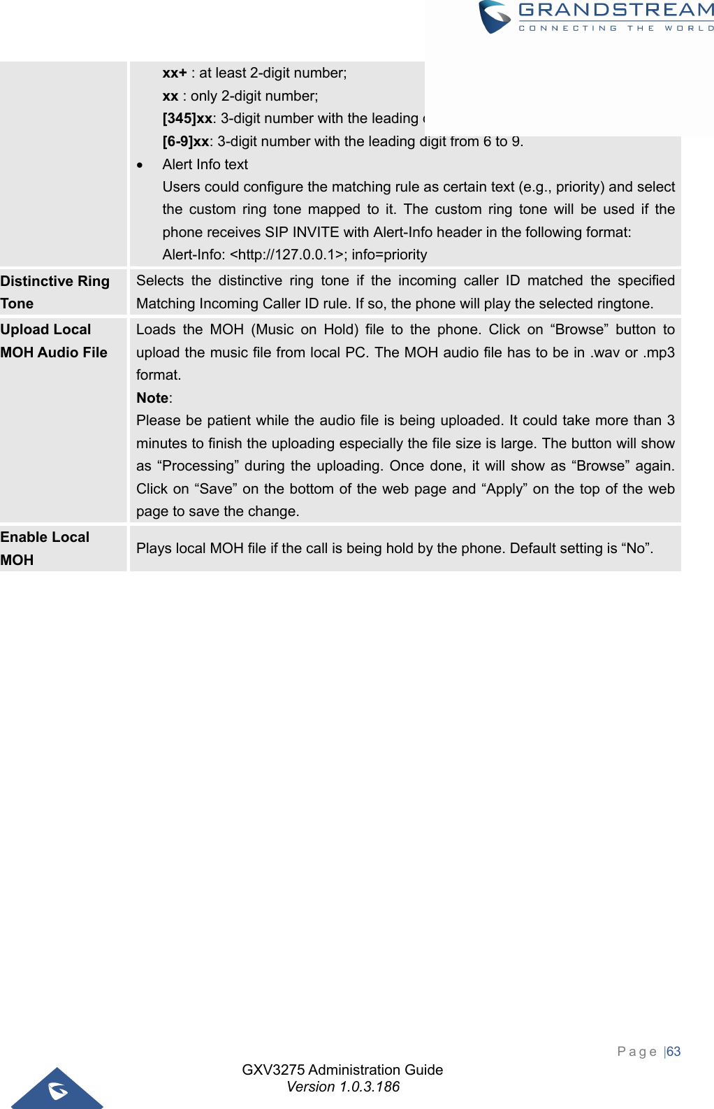 GXV3275 Administration Guide Version 1.0.3.186 Page |63  xx+ : at least 2-digit number; xx : only 2-digit number; [345]xx: 3-digit number with the leading digit of 3, 4 or 5; [6-9]xx: 3-digit number with the leading digit from 6 to 9.   Alert Info text Users could configure the matching rule as certain text (e.g., priority) and select the custom ring tone mapped to it. The custom ring tone will be used if the phone receives SIP INVITE with Alert-Info header in the following format: Alert-Info: &lt;http://127.0.0.1&gt;; info=priority Distinctive Ring Tone Selects the distinctive ring tone if the incoming caller ID matched the specified Matching Incoming Caller ID rule. If so, the phone will play the selected ringtone. Upload Local MOH Audio File Loads the MOH (Music on Hold) file to the phone. Click on “Browse” button to upload the music file from local PC. The MOH audio file has to be in .wav or .mp3 format.  Note:  Please be patient while the audio file is being uploaded. It could take more than 3 minutes to finish the uploading especially the file size is large. The button will show as “Processing” during the uploading. Once done, it will show as “Browse” again. Click on “Save” on the bottom of the web page and “Apply” on the top of the web page to save the change. Enable Local MOH  Plays local MOH file if the call is being hold by the phone. Default setting is “No”. 