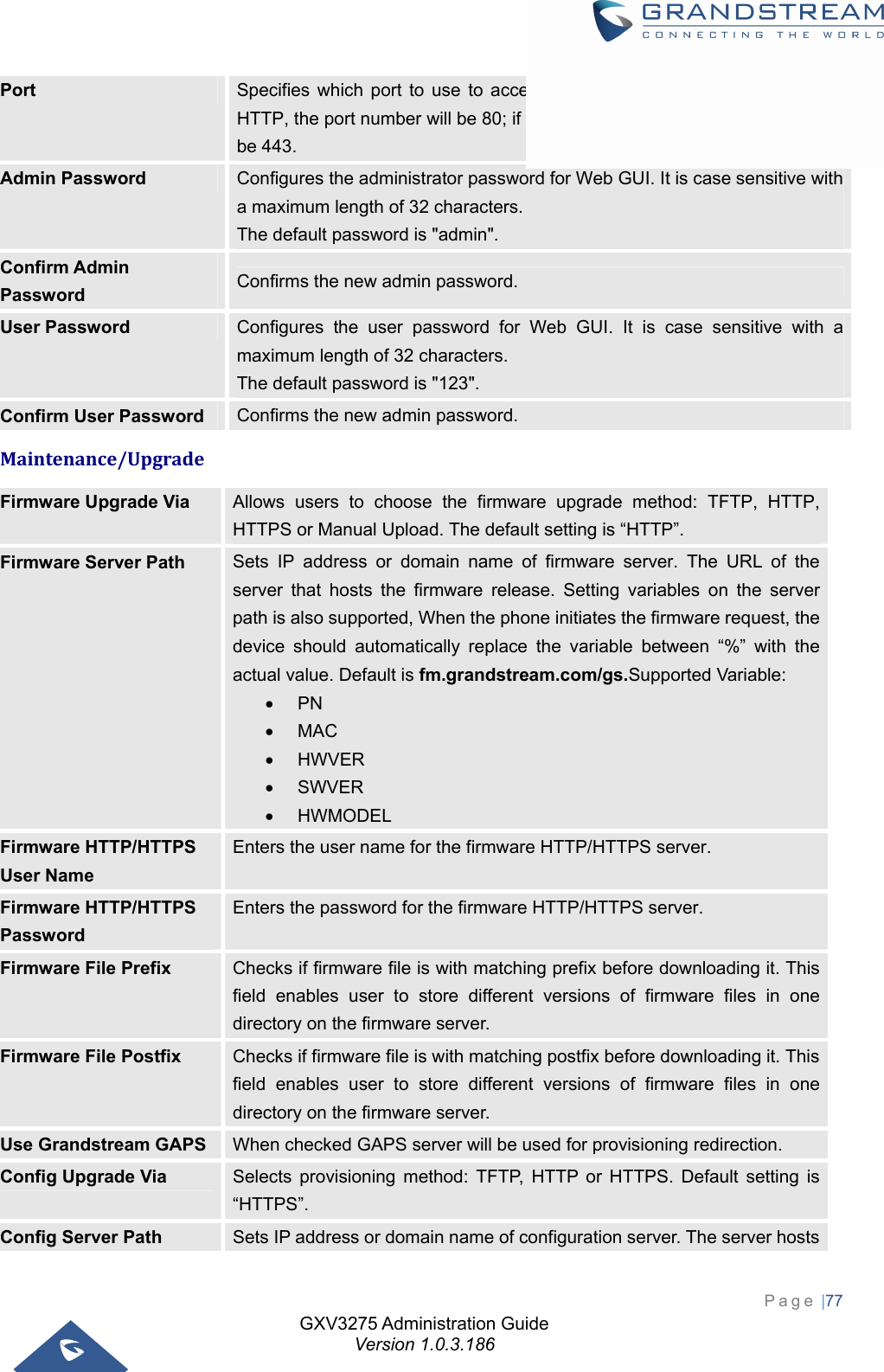 GXV3275 Administration Guide Version 1.0.3.186 Page |77  Port  Specifies which port to use to access the phone ‘s Web UI. By default, if HTTP, the port number will be 80; if HTTPS is selected, the port number will be 443. Admin Password  Configures the administrator password for Web GUI. It is case sensitive with a maximum length of 32 characters.   The default password is &quot;admin&quot;. Confirm Admin Password  Confirms the new admin password. User Password  Configures the user password for Web GUI. It is case sensitive with a maximum length of 32 characters.   The default password is &quot;123&quot;. Confirm User Password  Confirms the new admin password. Maintenance/UpgradeFirmware Upgrade Via  Allows users to choose the firmware upgrade method: TFTP, HTTP, HTTPS or Manual Upload. The default setting is “HTTP”. Firmware Server Path  Sets IP address or domain name of firmware server. The URL of the server that hosts the firmware release. Setting variables on the server path is also supported, When the phone initiates the firmware request, the device should automatically replace the variable between “%” with the actual value. Default is fm.grandstream.com/gs.Supported Variable:  PN  MAC  HWVER  SWVER  HWMODEL Firmware HTTP/HTTPS User Name Enters the user name for the firmware HTTP/HTTPS server. Firmware HTTP/HTTPS Password Enters the password for the firmware HTTP/HTTPS server. Firmware File Prefix  Checks if firmware file is with matching prefix before downloading it. This field enables user to store different versions of firmware files in one directory on the firmware server.   Firmware File Postfix  Checks if firmware file is with matching postfix before downloading it. This field enables user to store different versions of firmware files in one directory on the firmware server. Use Grandstream GAPS  When checked GAPS server will be used for provisioning redirection. Config Upgrade Via  Selects provisioning method: TFTP, HTTP or HTTPS. Default setting is “HTTPS”. Config Server Path  Sets IP address or domain name of configuration server. The server hosts 