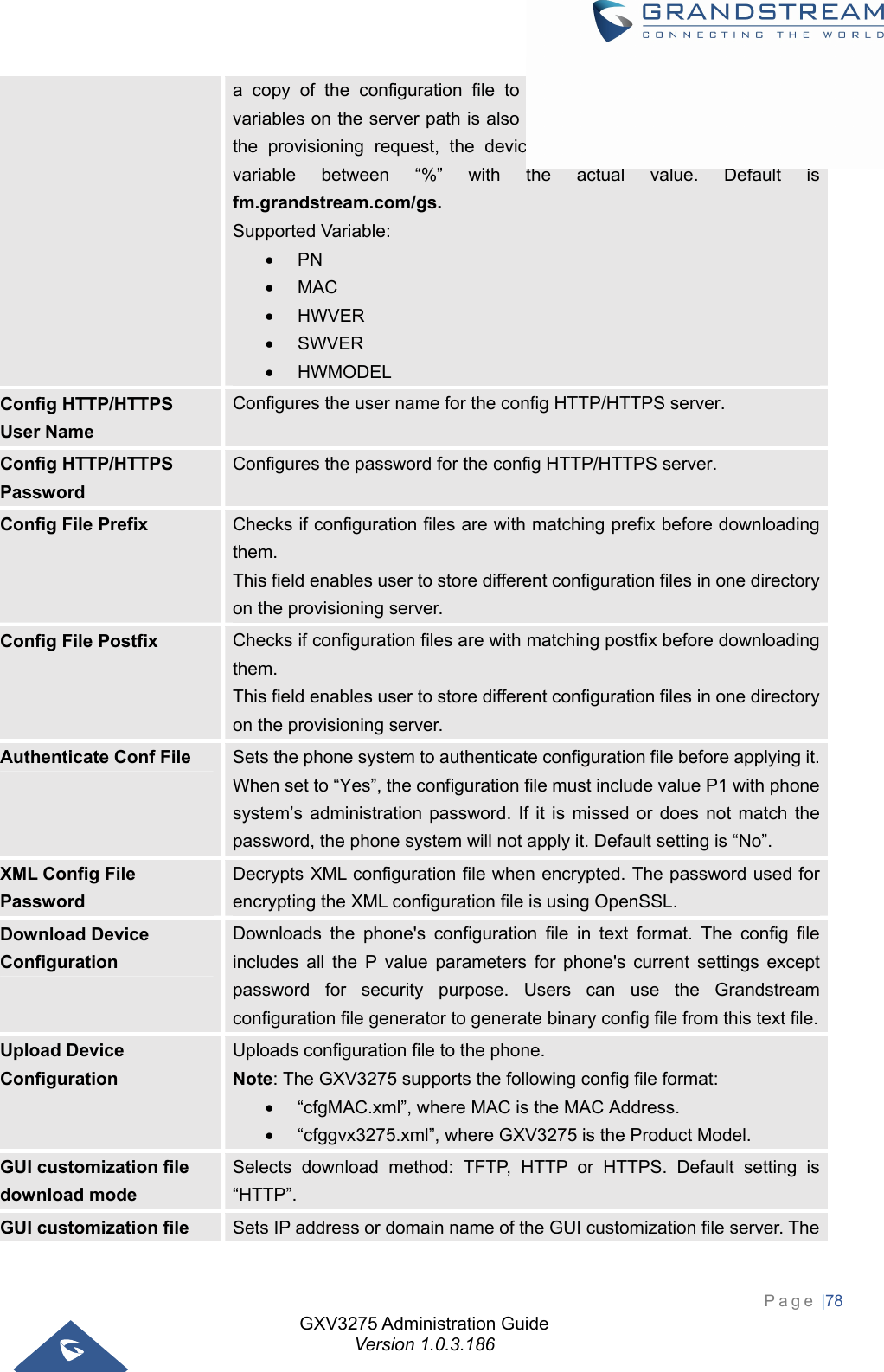 GXV3275 Administration Guide Version 1.0.3.186 Page |78  a copy of the configuration file to be installed on the phone. Setting variables on the server path is also supported, When the phone initiates the provisioning request, the device should automatically replace the variable between “%” with the actual value. Default is fm.grandstream.com/gs. Supported Variable:  PN  MAC  HWVER  SWVER  HWMODEL Config HTTP/HTTPS User Name Configures the user name for the config HTTP/HTTPS server. Config HTTP/HTTPS Password Configures the password for the config HTTP/HTTPS server. Config File Prefix  Checks if configuration files are with matching prefix before downloading them.  This field enables user to store different configuration files in one directory on the provisioning server.   Config File Postfix  Checks if configuration files are with matching postfix before downloading them.  This field enables user to store different configuration files in one directory on the provisioning server. Authenticate Conf File  Sets the phone system to authenticate configuration file before applying it. When set to “Yes”, the configuration file must include value P1 with phone system’s administration password. If it is missed or does not match the password, the phone system will not apply it. Default setting is “No”. XML Config File Password Decrypts XML configuration file when encrypted. The password used for encrypting the XML configuration file is using OpenSSL.   Download Device Configuration Downloads the phone&apos;s configuration file in text format. The config file includes all the P value parameters for phone&apos;s current settings except password for security purpose. Users can use the Grandstream configuration file generator to generate binary config file from this text file.Upload Device Configuration Uploads configuration file to the phone. Note: The GXV3275 supports the following config file format:   “cfgMAC.xml”, where MAC is the MAC Address.   “cfggvx3275.xml”, where GXV3275 is the Product Model. GUI customization file download mode Selects download method: TFTP, HTTP or HTTPS. Default setting is “HTTP”. GUI customization file  Sets IP address or domain name of the GUI customization file server. The 