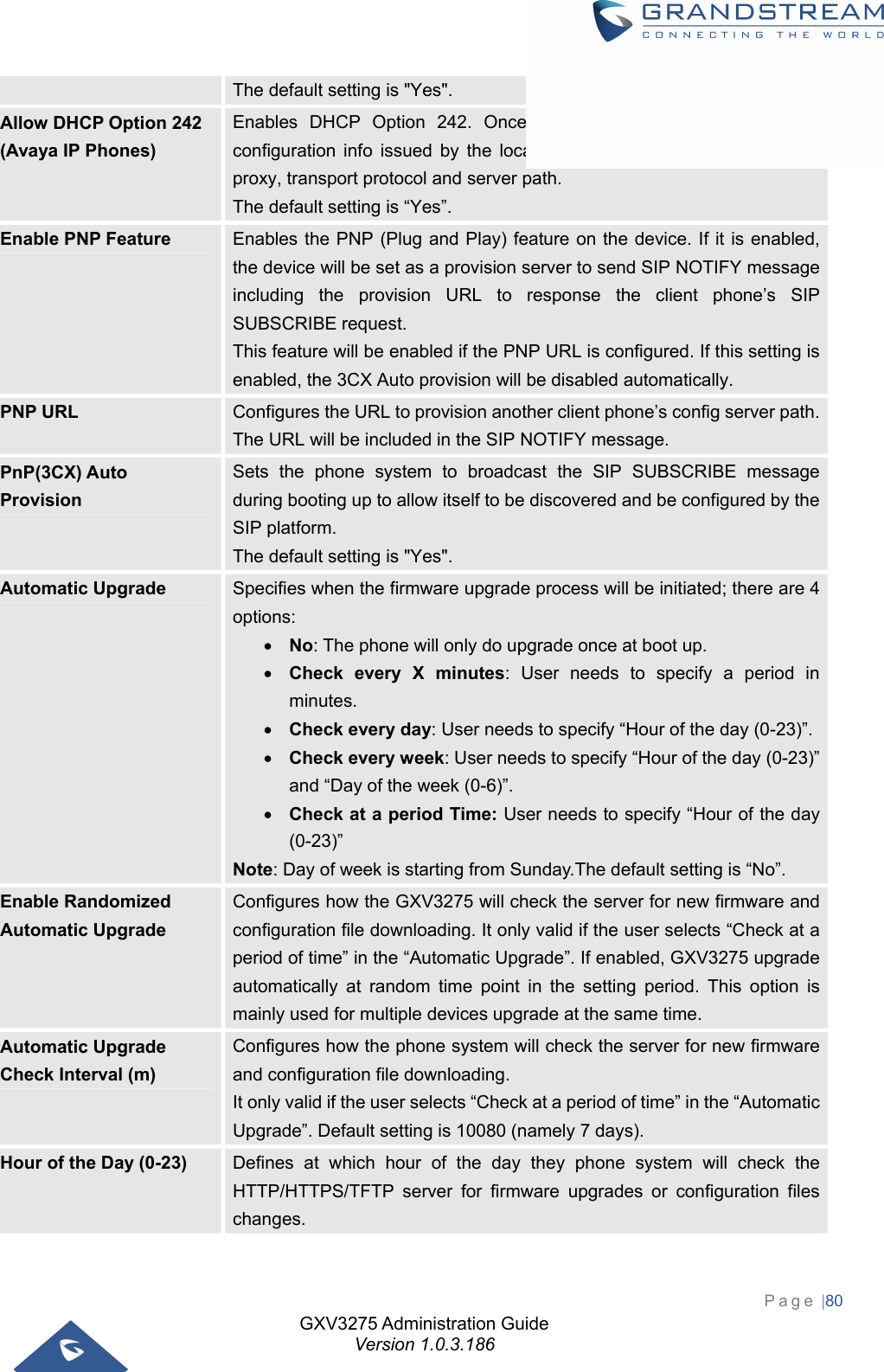 GXV3275 Administration Guide Version 1.0.3.186 Page |80  The default setting is &quot;Yes&quot;. Allow DHCP Option 242 (Avaya IP Phones) Enables DHCP Option 242. Once enabled, the phone will use the configuration info issued by the local DHCP in Option 242 to configure proxy, transport protocol and server path.   The default setting is “Yes”. Enable PNP Feature  Enables the PNP (Plug and Play) feature on the device. If it is enabled, the device will be set as a provision server to send SIP NOTIFY message including the provision URL to response the client phone’s SIP SUBSCRIBE request.   This feature will be enabled if the PNP URL is configured. If this setting is enabled, the 3CX Auto provision will be disabled automatically. PNP URL  Configures the URL to provision another client phone’s config server path. The URL will be included in the SIP NOTIFY message. PnP(3CX) Auto Provision Sets the phone system to broadcast the SIP SUBSCRIBE message during booting up to allow itself to be discovered and be configured by the SIP platform.   The default setting is &quot;Yes&quot;. Automatic Upgrade  Specifies when the firmware upgrade process will be initiated; there are 4 options:  No: The phone will only do upgrade once at boot up.  Check every X minutes: User needs to specify a period in minutes.  Check every day: User needs to specify “Hour of the day (0-23)”.  Check every week: User needs to specify “Hour of the day (0-23)” and “Day of the week (0-6)”.  Check at a period Time: User needs to specify “Hour of the day (0-23)” Note: Day of week is starting from Sunday.The default setting is “No”. Enable Randomized Automatic Upgrade Configures how the GXV3275 will check the server for new firmware and configuration file downloading. It only valid if the user selects “Check at a period of time” in the “Automatic Upgrade”. If enabled, GXV3275 upgrade automatically at random time point in the setting period. This option is mainly used for multiple devices upgrade at the same time. Automatic Upgrade Check Interval (m) Configures how the phone system will check the server for new firmware and configuration file downloading.   It only valid if the user selects “Check at a period of time” in the “Automatic Upgrade”. Default setting is 10080 (namely 7 days). Hour of the Day (0-23)  Defines at which hour of the day they phone system will check the HTTP/HTTPS/TFTP server for firmware upgrades or configuration files changes. 