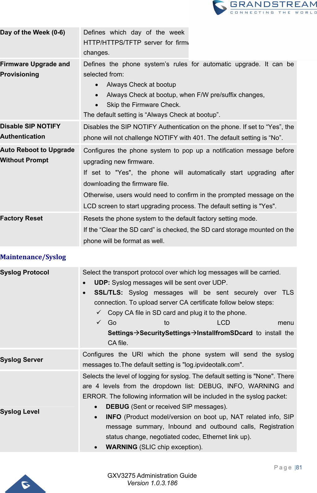 GXV3275 Administration Guide Version 1.0.3.186 Page |81  Day of the Week (0-6)  Defines which day of the week the phone system will check the HTTP/HTTPS/TFTP server for firmware upgrades or configuration files changes. Firmware Upgrade and Provisioning Defines the phone system’s rules for automatic upgrade. It can be selected from:   Always Check at bootup   Always Check at bootup, when F/W pre/suffix changes,   Skip the Firmware Check. The default setting is “Always Check at bootup”. Disable SIP NOTIFY Authentication Disables the SIP NOTIFY Authentication on the phone. If set to “Yes”, the phone will not challenge NOTIFY with 401. The default setting is “No”. Auto Reboot to Upgrade Without Prompt Configures the phone system to pop up a notification message before upgrading new firmware.   If set to &quot;Yes&quot;, the phone will automatically start upgrading after downloading the firmware file.   Otherwise, users would need to confirm in the prompted message on the LCD screen to start upgrading process. The default setting is &quot;Yes&quot;. Factory Reset   Resets the phone system to the default factory setting mode.   If the “Clear the SD card” is checked, the SD card storage mounted on the phone will be format as well. Maintenance/SyslogSyslog Protocol  Select the transport protocol over which log messages will be carried.  UDP: Syslog messages will be sent over UDP.  SSL/TLS: Syslog messages will be sent securely over TLS connection. To upload server CA certificate follow below steps:   Copy CA file in SD card and plug it to the phone.  Go to LCD menu SettingsSecuritySettingsInstallfromSDcard to install the CA file. Syslog Server  Configures the URI which the phone system will send the syslog messages to.The default setting is &quot;log.ipvideotalk.com&quot;. Syslog Level Selects the level of logging for syslog. The default setting is &quot;None&quot;. There are 4 levels from the dropdown list: DEBUG, INFO, WARNING and ERROR. The following information will be included in the syslog packet:    DEBUG (Sent or received SIP messages).  INFO  (Product model/version on boot up, NAT related info, SIP message summary, Inbound and outbound calls, Registration status change, negotiated codec, Ethernet link up).  WARNING (SLIC chip exception). 