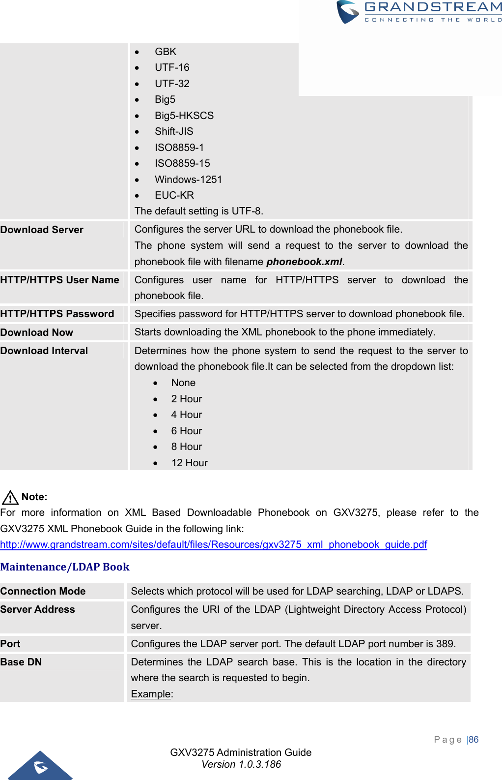 GXV3275 Administration Guide Version 1.0.3.186 Page |86   GBK  UTF-16  UTF-32  Big5  Big5-HKSCS  Shift-JIS  ISO8859-1  ISO8859-15  Windows-1251  EUC-KR The default setting is UTF-8. Download Server  Configures the server URL to download the phonebook file. The phone system will send a request to the server to download the phonebook file with filename phonebook.xml. HTTP/HTTPS User Name  Configures user name for HTTP/HTTPS server to download the phonebook file. HTTP/HTTPS Password  Specifies password for HTTP/HTTPS server to download phonebook file.Download Now  Starts downloading the XML phonebook to the phone immediately. Download Interval  Determines how the phone system to send the request to the server to download the phonebook file.It can be selected from the dropdown list:  None  2 Hour  4 Hour  6 Hour  8 Hour  12 Hour  Note: For more information on XML Based Downloadable Phonebook on GXV3275, please refer to the GXV3275 XML Phonebook Guide in the following link: http://www.grandstream.com/sites/default/files/Resources/gxv3275_xml_phonebook_guide.pdf Maintenance/LDAPBookConnection Mode  Selects which protocol will be used for LDAP searching, LDAP or LDAPS.Server Address  Configures the URI of the LDAP (Lightweight Directory Access Protocol) server. Port  Configures the LDAP server port. The default LDAP port number is 389. Base DN  Determines the LDAP search base. This is the location in the directory where the search is requested to begin. Example: 