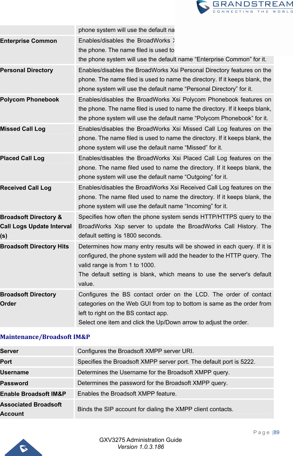 GXV3275 Administration Guide Version 1.0.3.186 Page |89  phone system will use the default name “Group Common” for it. Enterprise Common  Enables/disables the BroadWorks Xsi Enterprise Common features on the phone. The name filed is used to name the directory. If it keeps blank, the phone system will use the default name “Enterprise Common” for it. Personal Directory  Enables/disables the BroadWorks Xsi Personal Directory features on the phone. The name filed is used to name the directory. If it keeps blank, the phone system will use the default name “Personal Directory” for it. Polycom Phonebook  Enables/disables the BroadWorks Xsi Polycom Phonebook features on the phone. The name filed is used to name the directory. If it keeps blank, the phone system will use the default name “Polycom Phonebook” for it. Missed Call Log  Enables/disables the BroadWorks Xsi Missed Call Log features on the phone. The name filed is used to name the directory. If it keeps blank, the phone system will use the default name “Missed” for it. Placed Call Log  Enables/disables the BroadWorks Xsi Placed Call Log features on the phone. The name filed used to name the directory. If it keeps blank, the phone system will use the default name “Outgoing” for it. Received Call Log  Enables/disables the BroadWorks Xsi Received Call Log features on the phone. The name filed used to name the directory. If it keeps blank, the phone system will use the default name “Incoming” for it. Broadsoft Directory &amp; Call Logs Update Interval (s) Specifies how often the phone system sends HTTP/HTTPS query to the BroadWorks Xsp server to update the BroadWorks Call History. The default setting is 1800 seconds. Broadsoft Directory Hits  Determines how many entry results will be showed in each query. If it is configured, the phone system will add the header to the HTTP query. The valid range is from 1 to 1000.   The default setting is blank, which means to use the server&apos;s default value. Broadsoft Directory Order Configures the BS contact order on the LCD. The order of contact categories on the Web GUI from top to bottom is same as the order from left to right on the BS contact app.   Select one item and click the Up/Down arrow to adjust the order. Maintenance/BroadsoftIM&amp;PServer  Configures the Broadsoft XMPP server URI. Port  Specifies the Broadsoft XMPP server port. The default port is 5222. Username  Determines the Username for the Broadsoft XMPP query. Password  Determines the password for the Broadsoft XMPP query. Enable Broadsoft IM&amp;P  Enables the Broadsoft XMPP feature. Associated Broadsoft Account  Binds the SIP account for dialing the XMPP client contacts. 