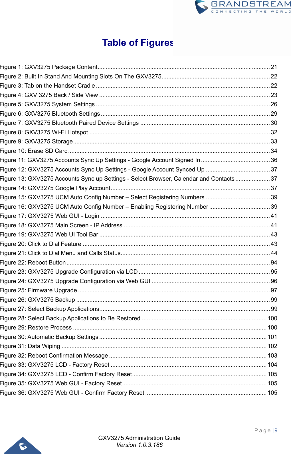 GXV3275 Administration Guide Version 1.0.3.186 Page |9   Table of Figures Figure 1: GXV3275 Package Content ......................................................................................................... 21Figure 2: Built In Stand And Mounting Slots On The GXV3275. ................................................................. 22Figure 3: Tab on the Handset Cradle .......................................................................................................... 22Figure 4: GXV 3275 Back / Side View ........................................................................................................ 23Figure 5: GXV3275 System Settings .......................................................................................................... 26Figure 6: GXV3275 Bluetooth Settings ....................................................................................................... 29Figure 7: GXV3275 Bluetooth Paired Device Settings ............................................................................... 30Figure 8: GXV3275 Wi-Fi Hotspot .............................................................................................................. 32Figure 9: GXV3275 Storage ........................................................................................................................ 33Figure 10: Erase SD Card ........................................................................................................................... 34Figure 11: GXV3275 Accounts Sync Up Settings - Google Account Signed In .......................................... 36Figure 12: GXV3275 Accounts Sync Up Settings - Google Account Synced Up ....................................... 37Figure 13: GXV3275 Accounts Sync up Settings - Select Browser, Calendar and Contacts ..................... 37Figure 14: GXV3275 Google Play Account ................................................................................................. 37Figure 15: GXV3275 UCM Auto Config Number – Select Registering Numbers ....................................... 39Figure 16: GXV3275 UCM Auto Config Number – Enabling Registering Number ..................................... 39Figure 17: GXV3275 Web GUI - Login ....................................................................................................... 41Figure 18: GXV3275 Main Screen - IP Address ......................................................................................... 41Figure 19: GXV3275 Web UI Tool Bar ........................................................................................................ 43Figure 20: Click to Dial Feature .................................................................................................................. 43Figure 21: Click to Dial Menu and Calls Status ........................................................................................... 44Figure 22: Reboot Button ............................................................................................................................ 94Figure 23: GXV3275 Upgrade Configuration via LCD ................................................................................ 95Figure 24: GXV3275 Upgrade Configuration via Web GUI ........................................................................ 96Figure 25: Firmware Upgrade ..................................................................................................................... 97Figure 26: GXV3275 Backup ...................................................................................................................... 99Figure 27: Select Backup Applications ........................................................................................................ 99Figure 28: Select Backup Applications to Be Restored ............................................................................ 100Figure 29: Restore Process ...................................................................................................................... 100Figure 30: Automatic Backup Settings ...................................................................................................... 101Figure 31: Data Wiping ............................................................................................................................. 102Figure 32: Reboot Confirmation Message ................................................................................................ 103Figure 33: GXV3275 LCD - Factory Reset ............................................................................................... 104Figure 34: GXV3275 LCD - Confirm Factory Reset .................................................................................. 105Figure 35: GXV3275 Web GUI - Factory Reset ........................................................................................ 105Figure 36: GXV3275 Web GUI - Confirm Factory Reset .......................................................................... 105 