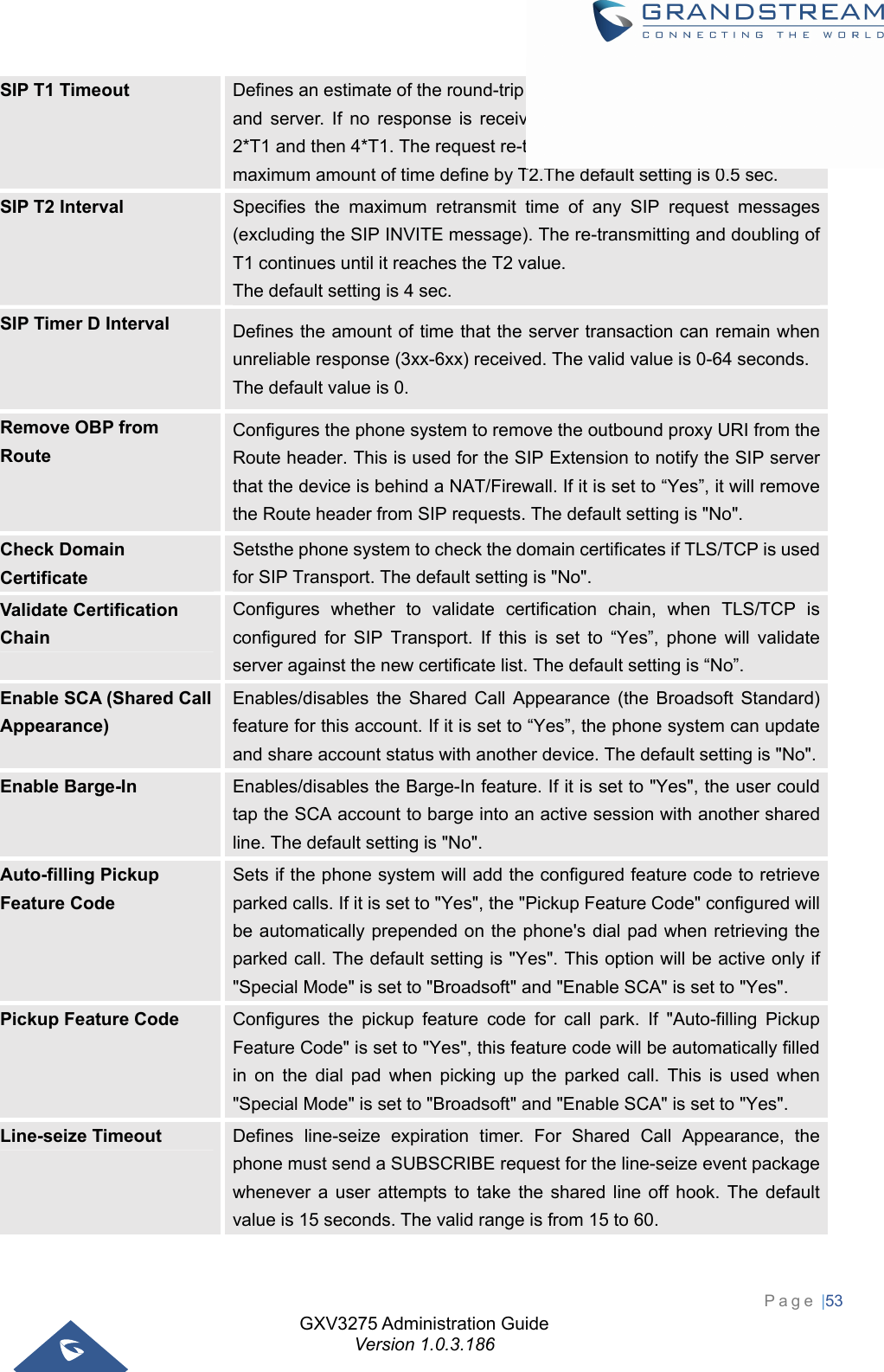 GXV3275 Administration Guide Version 1.0.3.186 Page |53  SIP T1 Timeout  Defines an estimate of the round-trip time of transactions between a client and server. If no response is received in T1, the figure will increase to 2*T1 and then 4*T1. The request re-transmit retries would continue until a maximum amount of time define by T2.The default setting is 0.5 sec. SIP T2 Interval  Specifies the maximum retransmit time of any SIP request messages (excluding the SIP INVITE message). The re-transmitting and doubling of T1 continues until it reaches the T2 value.   The default setting is 4 sec. SIP Timer D Interval  Defines the amount of time that the server transaction can remain when unreliable response (3xx-6xx) received. The valid value is 0-64 seconds. The default value is 0. Remove OBP from Route Configures the phone system to remove the outbound proxy URI from the Route header. This is used for the SIP Extension to notify the SIP server that the device is behind a NAT/Firewall. If it is set to “Yes”, it will remove the Route header from SIP requests. The default setting is &quot;No&quot;. Check Domain Certificate Setsthe phone system to check the domain certificates if TLS/TCP is used for SIP Transport. The default setting is &quot;No&quot;. Validate Certification Chain Configures whether to validate certification chain, when TLS/TCP is configured for SIP Transport. If this is set to “Yes”, phone will validate server against the new certificate list. The default setting is “No”. Enable SCA (Shared Call Appearance) Enables/disables the Shared Call Appearance (the Broadsoft Standard) feature for this account. If it is set to “Yes”, the phone system can update and share account status with another device. The default setting is &quot;No&quot;.Enable Barge-In  Enables/disables the Barge-In feature. If it is set to &quot;Yes&quot;, the user could tap the SCA account to barge into an active session with another shared line. The default setting is &quot;No&quot;. Auto-filling Pickup Feature Code Sets if the phone system will add the configured feature code to retrieve parked calls. If it is set to &quot;Yes&quot;, the &quot;Pickup Feature Code&quot; configured will be automatically prepended on the phone&apos;s dial pad when retrieving the parked call. The default setting is &quot;Yes&quot;. This option will be active only if &quot;Special Mode&quot; is set to &quot;Broadsoft&quot; and &quot;Enable SCA&quot; is set to &quot;Yes&quot;. Pickup Feature Code  Configures the pickup feature code for call park. If &quot;Auto-filling Pickup Feature Code&quot; is set to &quot;Yes&quot;, this feature code will be automatically filled in on the dial pad when picking up the parked call. This is used when &quot;Special Mode&quot; is set to &quot;Broadsoft&quot; and &quot;Enable SCA&quot; is set to &quot;Yes&quot;. Line-seize Timeout  Defines line-seize expiration timer. For Shared Call Appearance, the phone must send a SUBSCRIBE request for the line-seize event package whenever a user attempts to take the shared line off hook. The default value is 15 seconds. The valid range is from 15 to 60. 