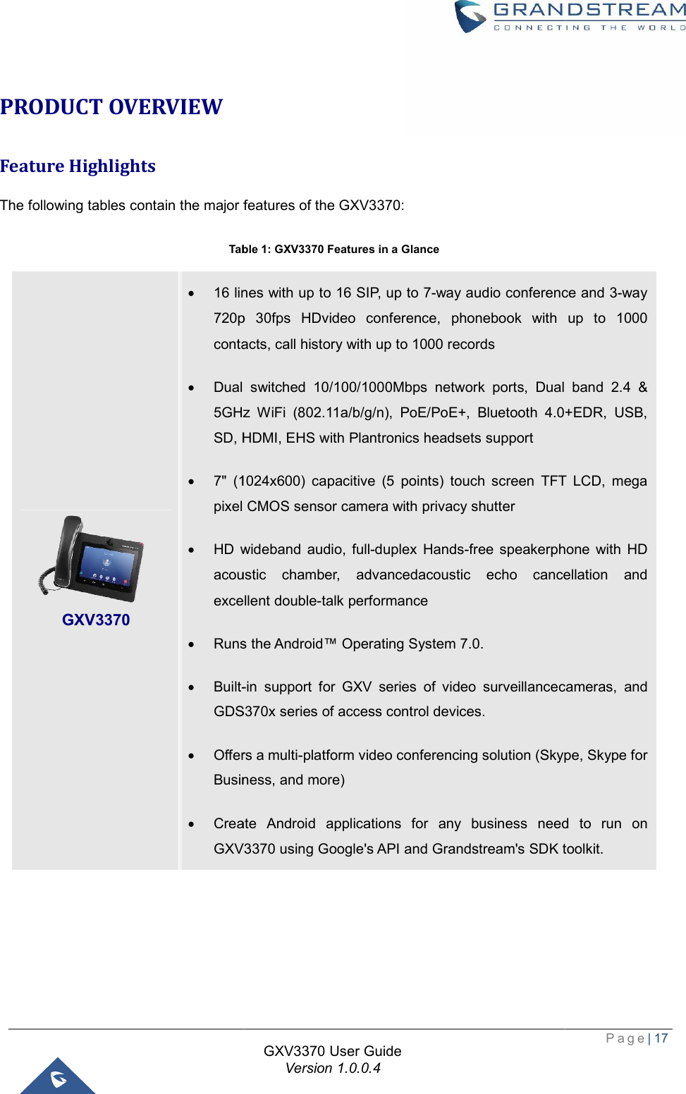  PRODUCT OVERVIEW Feature Highlights The following tables contain the major features of the  Table     GXV3370  · 16 lines with up to 16 SIP, up to 7720p 30fps HDcontacts, call history with up to 1000 records· Dual switched 10/100/1000Mbps network ports, 5GHz SD, HDMI, EHS with Plantronics headsets sup· 7&quot; (1024x600pixel CMOS sensor camera with privacy shutter· HD wideband audio, acoustic chamber, advancedacoustic echo cancellation and excellent double· Runs the· Built-GDS370x series of access control devices.· Offers a multiBusiness, and more)· Create GXV3370GXV3370 User Guide Version 1.0.0.4  The following tables contain the major features of the GXV3370: Table 1: GXV3370 Features in a Glance   16 lines with up to 16 SIP, up to 7-way audio conference and 3720p 30fps HDvideo conference, phonebook with up to 1000 contacts, call history with up to 1000 records Dual switched 10/100/1000Mbps network ports, Dual band 2.4 &amp; 5GHz WiFi (802.11a/b/g/n), PoE/PoE+, Bluetooth 4.0+EDRSD, HDMI, EHS with Plantronics headsets support 7&quot; (1024x600) capacitive (5 points) touch screen TFT LCD, mega pixel CMOS sensor camera with privacy shutter HD wideband audio, full-duplex Hands-free speakerphone with HD acoustic chamber, advancedacoustic echo cancellation and excellent double-talk performance Runs the Android™ Operating System 7.0. -in support for GXV series of video surveillancecameras, and GDS370x series of access control devices. Offers a multi-platform video conferencing solution (Skype, Skype for Business, and more) Create Android applications for any business need to run on GXV3370 using Google&apos;s API and Grandstream&apos;s SDK toolkit Page| 17 way audio conference and 3-way video conference, phonebook with up to 1000 Dual band 2.4 &amp; 4.0+EDR, USB, ) capacitive (5 points) touch screen TFT LCD, mega free speakerphone with HD acoustic chamber, advancedacoustic echo cancellation and in support for GXV series of video surveillancecameras, and platform video conferencing solution (Skype, Skype for iness need to run on using Google&apos;s API and Grandstream&apos;s SDK toolkit. 
