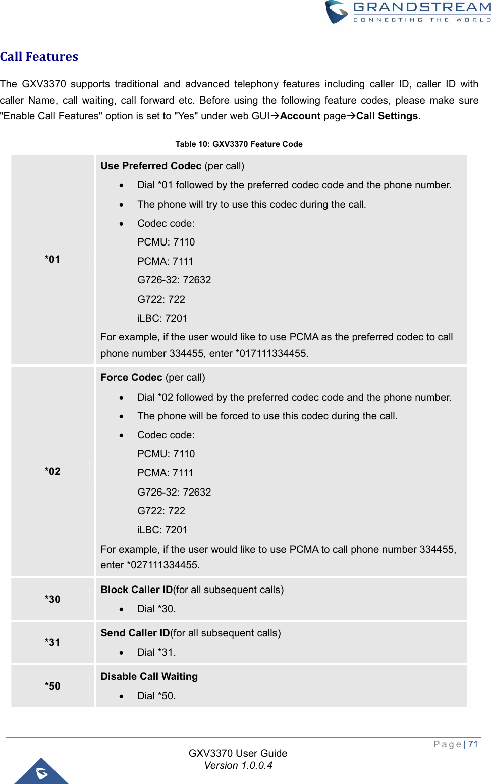  Page| 71  GXV3370 User Guide Version 1.0.0.4  Call Features The GXV3370 supports traditional and advanced telephony features including caller ID, caller ID with caller Name, call waiting, call forward etc. Before using the following feature codes, please make sure &quot;Enable Call Features&quot; option is set to &quot;Yes&quot; under web GUIàAccount pageàCall Settings. Table 10: GXV3370 Feature Code *01 Use Preferred Codec (per call) · Dial *01 followed by the preferred codec code and the phone number. · The phone will try to use this codec during the call. · Codec code: PCMU: 7110 PCMA: 7111 G726-32: 72632 G722: 722 iLBC: 7201 For example, if the user would like to use PCMA as the preferred codec to call phone number 334455, enter *017111334455. *02 Force Codec (per call) · Dial *02 followed by the preferred codec code and the phone number. · The phone will be forced to use this codec during the call. · Codec code: PCMU: 7110 PCMA: 7111 G726-32: 72632 G722: 722 iLBC: 7201 For example, if the user would like to use PCMA to call phone number 334455, enter *027111334455. *30  Block Caller ID(for all subsequent calls) · Dial *30. *31  Send Caller ID(for all subsequent calls) · Dial *31. *50  Disable Call Waiting · Dial *50. 