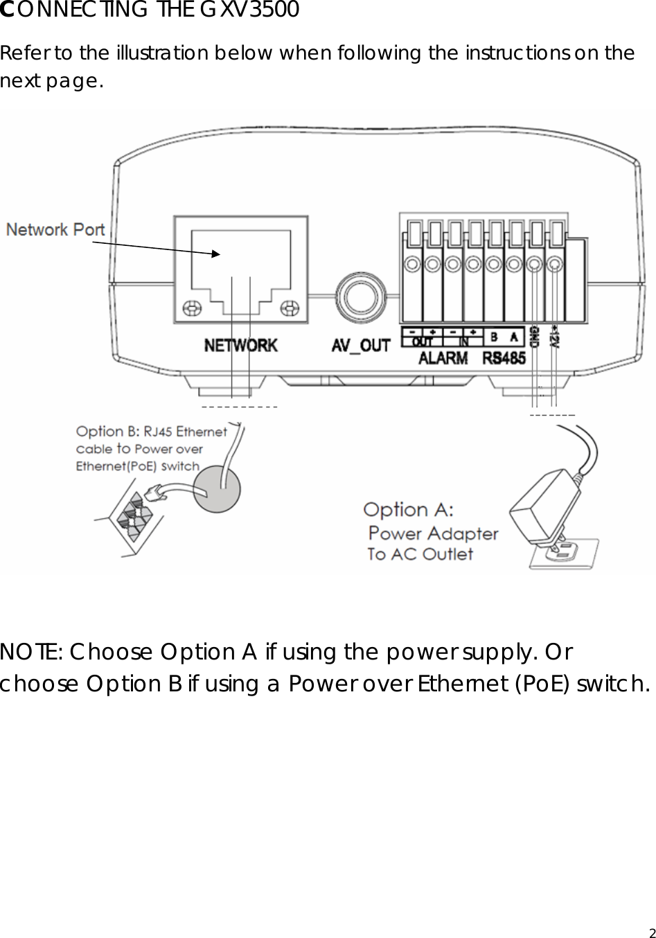  2 CONNECTING THE GXV3500 Refer to the illustration below when following the instructions on the next page.   NOTE: Choose Option A if using the power supply. Or choose Option B if using a Power over Ethernet (PoE) switch.        