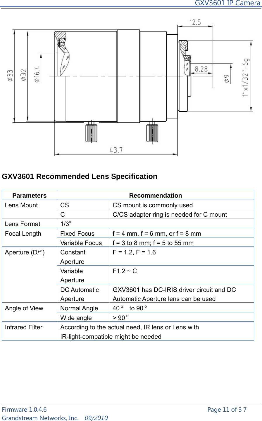    GXV3601 IP Camera Firmware 1.0.4.6                                                   Page 11 of 37     Grandstream Networks, Inc.  09/2010    GXV3601 Recommended Lens Specification   Parameters RecommendationLens Mount  CS  CS mount is commonly used C  C/CS adapter ring is needed for C mount Lens Format  1/3” Focal Length  Fixed Focus  f = 4 mm, f = 6 mm, or f = 8 mm Variable Focus  f = 3 to 8 mm; f = 5 to 55 mm Aperture (D/f’)  Constant Aperture F = 1.2, F = 1.6 Variable Aperture F1.2 ~ C DC Automatic Aperture  GXV3601 has DC-IRIS driver circuit and DC Automatic Aperture lens can be used Angle of View  Normal Angle  40 o  to 90 o Wide angle &gt; 90 oInfrared Filter  According to the actual need, IR lens or Lens with IR-light-compatible might be needed         