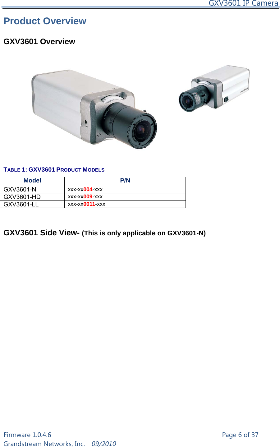     GXV3601 IP Camera Firmware 1.0.4.6                                                   Page 6 of 37    Grandstream Networks, Inc.  09/2010  Product Overview  GXV3601 Overview    TABLE 1: GXV3601 PRODUCT MODELS Model P/NGXV3601-N  xxx-xx004-xxx  GXV3601-HD  xxx-xx009-xxx GXV3601-LL  xxx-xx0011-xxx   GXV3601 Side View- (This is only applicable on GXV3601-N)  