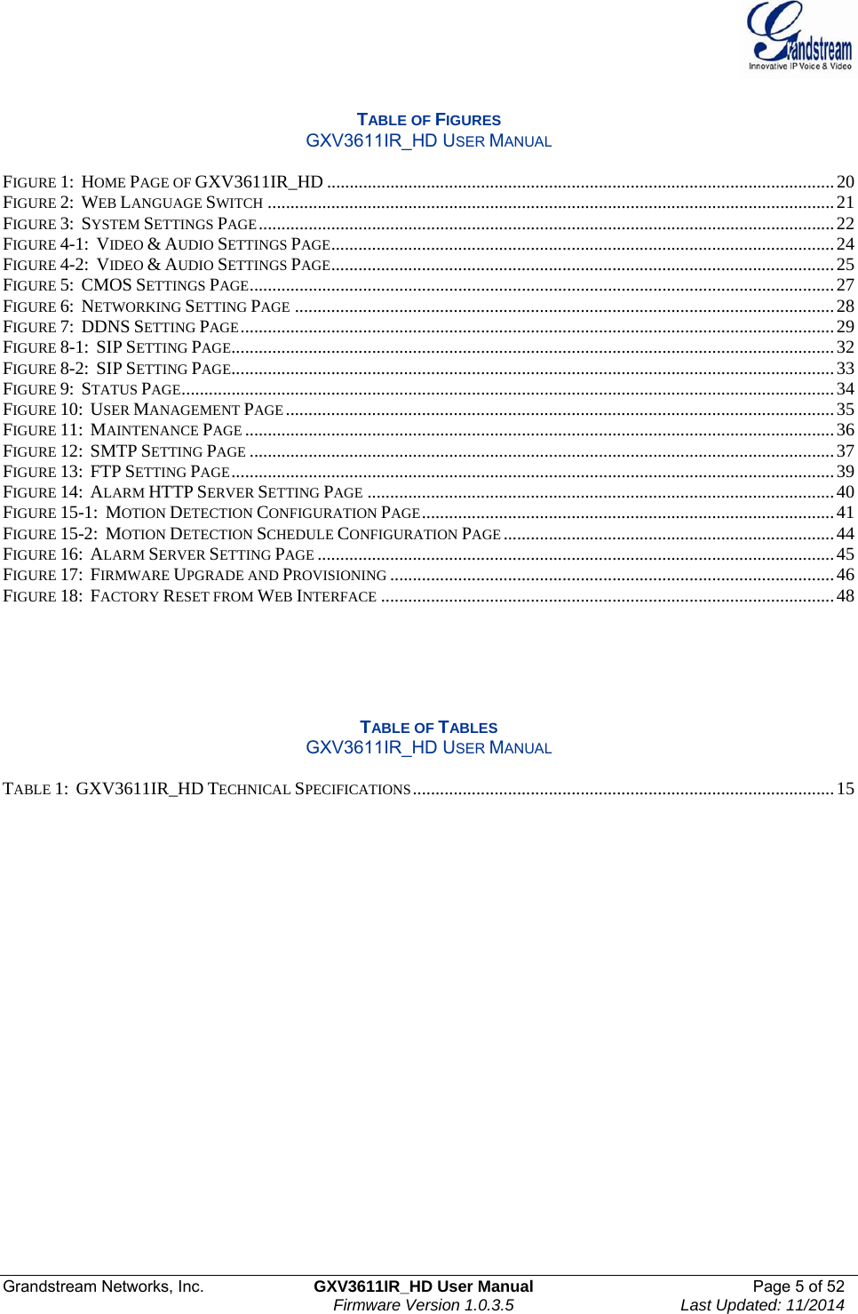  Grandstream Networks, Inc.  GXV3611IR_HD User Manual  Page 5 of 52    Firmware Version 1.0.3.5  Last Updated: 11/2014  TABLE OF FIGURES GXV3611IR_HD USER MANUAL  FIGURE 1:  HOME PAGE OF GXV3611IR_HD ................................................................................................................ 20FIGURE 2:  WEB LANGUAGE SWITCH ............................................................................................................................. 21FIGURE 3:  SYSTEM SETTINGS PAGE ............................................................................................................................... 22FIGURE 4-1:  VIDEO &amp; AUDIO SETTINGS PAGE ............................................................................................................... 24FIGURE 4-2:  VIDEO &amp; AUDIO SETTINGS PAGE ............................................................................................................... 25FIGURE 5:  CMOS SETTINGS PAGE ................................................................................................................................. 27FIGURE 6:  NETWORKING SETTING PAGE ....................................................................................................................... 28FIGURE 7:  DDNS SETTING PAGE ................................................................................................................................... 29FIGURE 8-1:  SIP SETTING PAGE ..................................................................................................................................... 32FIGURE 8-2:  SIP SETTING PAGE ..................................................................................................................................... 33FIGURE 9:  STATUS PAGE ................................................................................................................................................ 34FIGURE 10:  USER MANAGEMENT PAGE ......................................................................................................................... 35FIGURE 11:  MAINTENANCE PAGE .................................................................................................................................. 36FIGURE 12:  SMTP SETTING PAGE ................................................................................................................................. 37FIGURE 13:  FTP SETTING PAGE ..................................................................................................................................... 39FIGURE 14:  ALARM HTTP SERVER SETTING PAGE ....................................................................................................... 40FIGURE 15-1:  MOTION DETECTION CONFIGURATION PAGE ...........................................................................................  41FIGURE 15-2:  MOTION DETECTION SCHEDULE CONFIGURATION PAGE ......................................................................... 44FIGURE 16:  ALARM SERVER SETTING PAGE .................................................................................................................. 45FIGURE 17:  FIRMWARE UPGRADE AND PROVISIONING .................................................................................................. 46FIGURE 18:  FACTORY RESET FROM WEB INTERFACE .................................................................................................... 48     TABLE OF TABLES GXV3611IR_HD USER MANUAL  TABLE 1:  GXV3611IR_HD TECHNICAL SPECIFICATIONS ............................................................................................. 15   