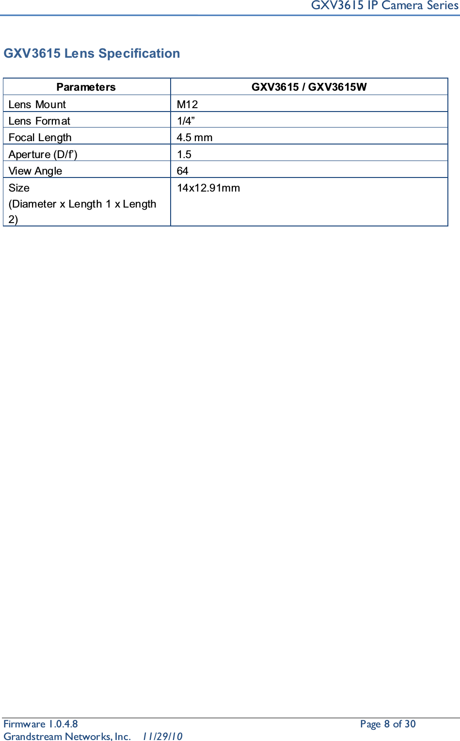 GXV3615 IP Camera SeriesFirmware 1.0.4.8                                                  Page8of 30    Grandstream Networks, Inc. 11/29/10GXV3615 Lens SpecificationParameters GXV3615 / GXV3615WLens Mount M12Lens Form at ´Focal Length 4.5 mm$SHUWXUH&apos;I¶1.5View Angle 64Size(Diameter x Length 1 x Length 2)14x12.91mm