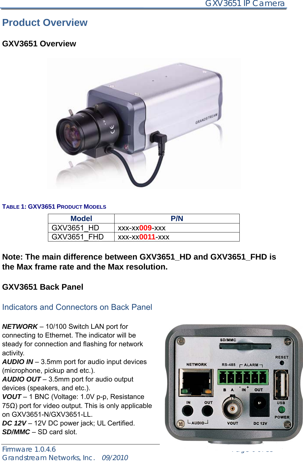     GXV3651 IP Camera Firmware 1.0.4.6                                                   Page 6 of 35    Grandstream Networks, Inc.  09/2010  Product Overview  GXV3651 Overview    TABLE 1: GXV3651 PRODUCT MODELS Model P/N GXV3651_HD xxx-xx009-xxx GXV3651_FHD xxx-xx0011-xxx  Note: The main difference between GXV3651_HD and GXV3651_FHD is the Max frame rate and the Max resolution.  GXV3651 Back Panel  Indicators and Connectors on Back Panel  NETWORK – 10/100 Switch LAN port for connecting to Ethernet. The indicator will be steady for connection and flashing for network activity. AUDIO IN – 3.5mm port for audio input devices (microphone, pickup and etc.). AUDIO OUT – 3.5mm port for audio output devices (speakers, and etc.). VOUT – 1 BNC (Voltage: 1.0V p-p, Resistance 75Ω) port for video output. This is only applicable on GXV3651-N/GXV3651-LL. DC 12V – 12V DC power jack; UL Certified. SD/MMC – SD card slot. 