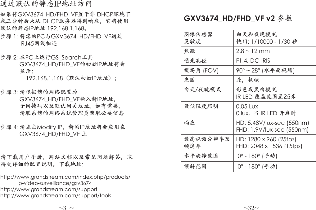 ~31~ ~32~步骤 1: 将您的PC与GXV3674_HD/FHD_VF通过             RJ45网线相连 步骤 2: 在PC上运行GS_Search工具            GXV3674_HD/FHD_VF的初始IP地址将会            显示：                192.168.1.168（默认初始IP地址）；步骤 3: 请根据您的网络配置为            GXV3674_HD/FHD_VF输入新IP地址，            子网掩码以及默认网关地址。如有需要，            请联系您的网络系统管理员获取必要信息 步骤 4: 请点击Modify IP，新的IP地址将会应用在             GXV3674_HD/FHD_VF 上请下载用户手册，网站文档以及常见问题解答，取得更详细的配置说明。下载地址: http://www.grandstream.com/index.php/products/            ip-video-surveillance/gxv3674http://www.grandstream.com/supporthttp://www.grandstream.com/support/tools通过默认的静态IP地址访问如果将GXV3674_HD/FHD_VF置于非 DHCP环境下或三分钟后未从 DHCP服务器得到响应，它将使用默认的静态IP地址 192.168.1.168。图像传感器灵敏度白天和夜晚模式快门: 1/10000 - 1/30 秒焦距 2.8 ~ 12 mm通光孔径 F1.4, DC-IRIS视场角 (FOV) 90º ~ 28º (水平面视场)光圈 是，机械白天/夜晚模式 彩色或黑白模式IR LED 覆盖范围至25米最低限度照明 0.05 Lux0 lux,  当 IR LED 开启时响应 HD: 5.48V/lux-sec (550nm)FHD: 1.9V/lux-sec (550nm)最高视频分辨率及帧速率HD: 1280 x 960 (25fps)FHD: 2048 x 1536 (15fps)水平旋转范围  0º - 180º (手动)倾斜范围  0º - 180º (手动)GXV3674_HD/FHD_VF v2 参数