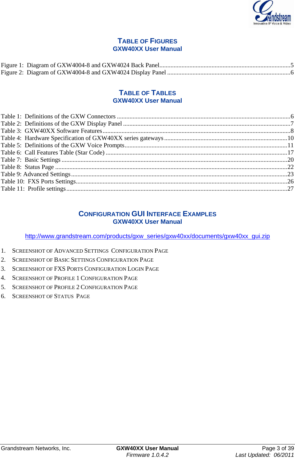  Grandstream Networks, Inc.  GXW40XX User Manual  Page 3 of 39    Firmware 1.0.4.2  Last Updated:  06/2011   TABLE OF FIGURES GXW40XX User Manual  Figure 1:  Diagram of GXW4004-8 and GXW4024 Back Panel ................................................................................... 5 Figure 2:  Diagram of GXW4004-8 and GXW4024 Display Panel .............................................................................. 6  TABLE OF TABLES GXW40XX User Manual  Table 1:  Definitions of the GXW Connectors .............................................................................................................. 6 Table 2:  Definitions of the GXW Display Panel .......................................................................................................... 7 Table 3:  GXW40XX Software Features ....................................................................................................................... 8 Table 4:  Hardware Specification of GXW40XX series gateways .............................................................................. 10 Table 5:  Definitions of the GXW Voice Prompts ....................................................................................................... 11 Table 6:  Call Features Table (Star Code) ................................................................................................................... 17 Table 7:  Basic Settings ............................................................................................................................................... 20 Table 8:  Status Page ................................................................................................................................................... 22 Table 9: Advanced Settings ......................................................................................................................................... 23 Table 10:  FXS Ports Settings ...................................................................................................................................... 26 Table 11:  Profile settings ............................................................................................................................................ 27   CONFIGURATION GUI INTERFACE EXAMPLES GXW40XX User Manual  http://www.grandstream.com/products/gxw_series/gxw40xx/documents/gxw40xx_gui.zip   1. SCREENSHOT OF ADVANCED SETTINGS  CONFIGURATION PAGE  2. SCREENSHOT OF BASIC SETTINGS CONFIGURATION PAGE  3. SCREENSHOT OF FXS PORTS CONFIGURATION LOGIN PAGE 4. SCREENSHOT OF PROFILE 1 CONFIGURATION PAGE 5. SCREENSHOT OF PROFILE 2 CONFIGURATION PAGE 6. SCREENSHOT OF STATUS  PAGE 
