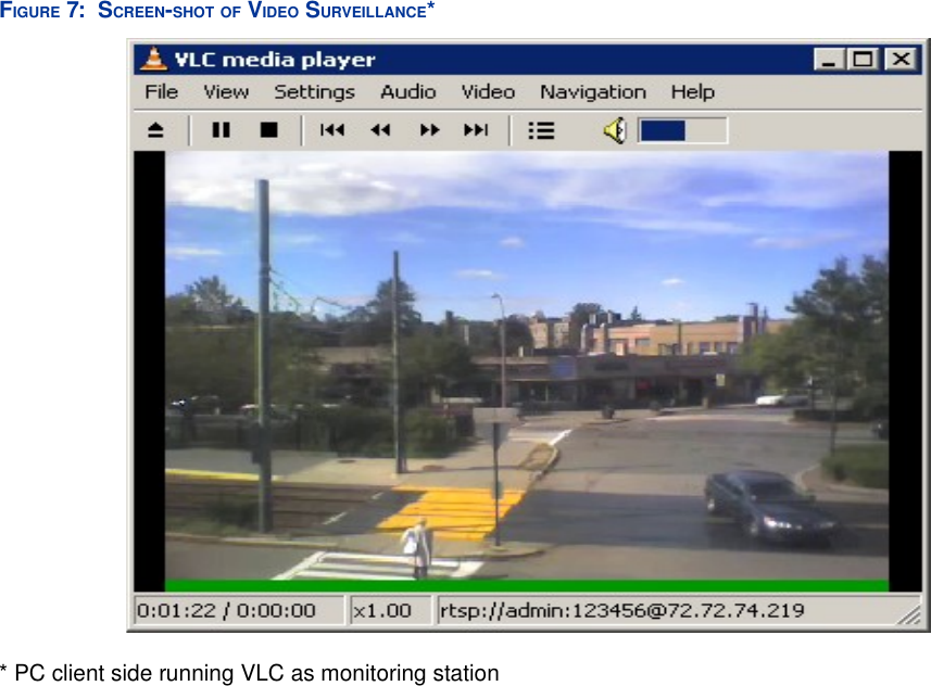 FIGURE 7:  SCREEN-SHOT OF VIDEO SURVEILLANCE* * PC client side running VLC as monitoring station