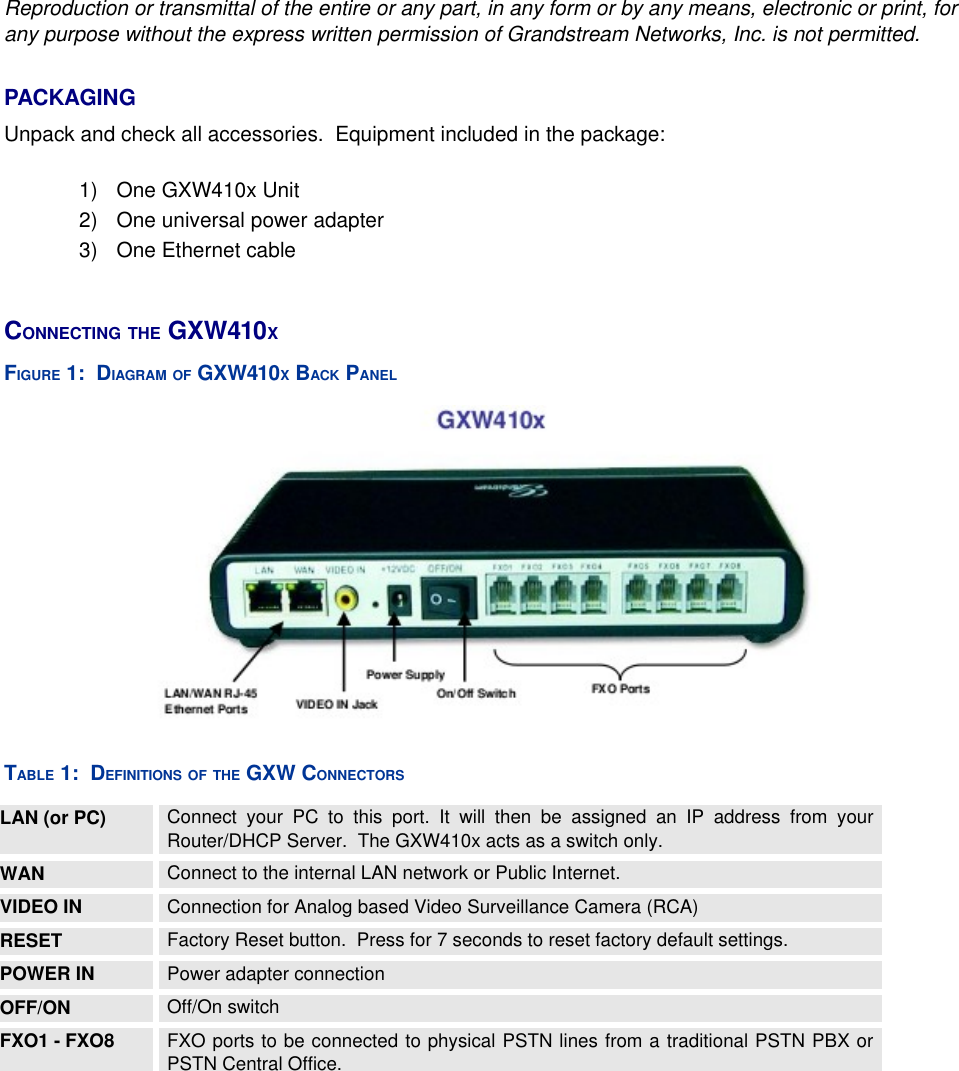 Reproduction or transmittal of the entire or any part, in any form or by any means, electronic or print, for any purpose without the express written permission of Grandstream Networks, Inc. is not permitted.PACKAGING Unpack and check all accessories.  Equipment included in the package: 1) One GXW410x Unit 2) One universal power adapter3) One Ethernet cableCONNECTING THE GXW410X FIGURE 1:  DIAGRAM OF GXW410X BACK PANELTABLE 1:  DEFINITIONS OF THE GXW CONNECTORSLAN (or PC) Connect your PC to this port. It will then be assigned an IP address from your Router/DHCP Server.  The GXW410x acts as a switch only.WAN  Connect to the internal LAN network or Public Internet.VIDEO IN Connection for Analog based Video Surveillance Camera (RCA)RESET Factory Reset button.  Press for 7 seconds to reset factory default settings.POWER IN Power adapter connectionOFF/ON Off/On switchFXO1 - FXO8 FXO ports to be connected to physical PSTN lines from a traditional PSTN PBX or PSTN Central Office.