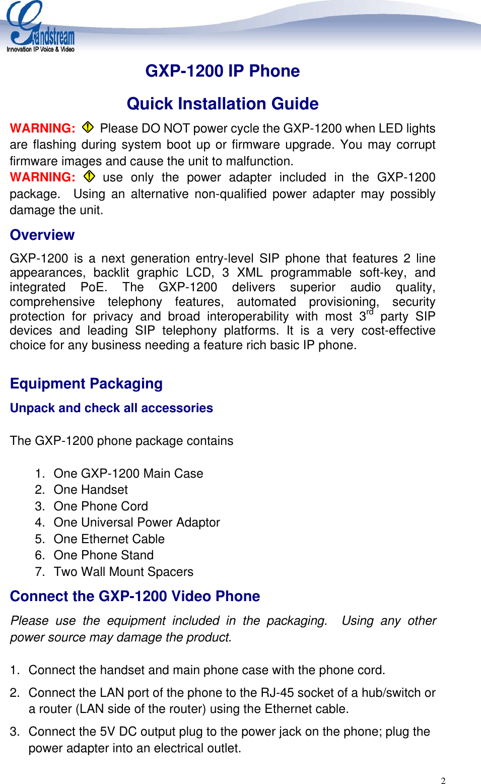 Page 2 of 6 - Grandstream-Networks Grandstream-Networks-Grandstream-Gxp-1200-Users-Manual GXP1200QuickInstallGuide