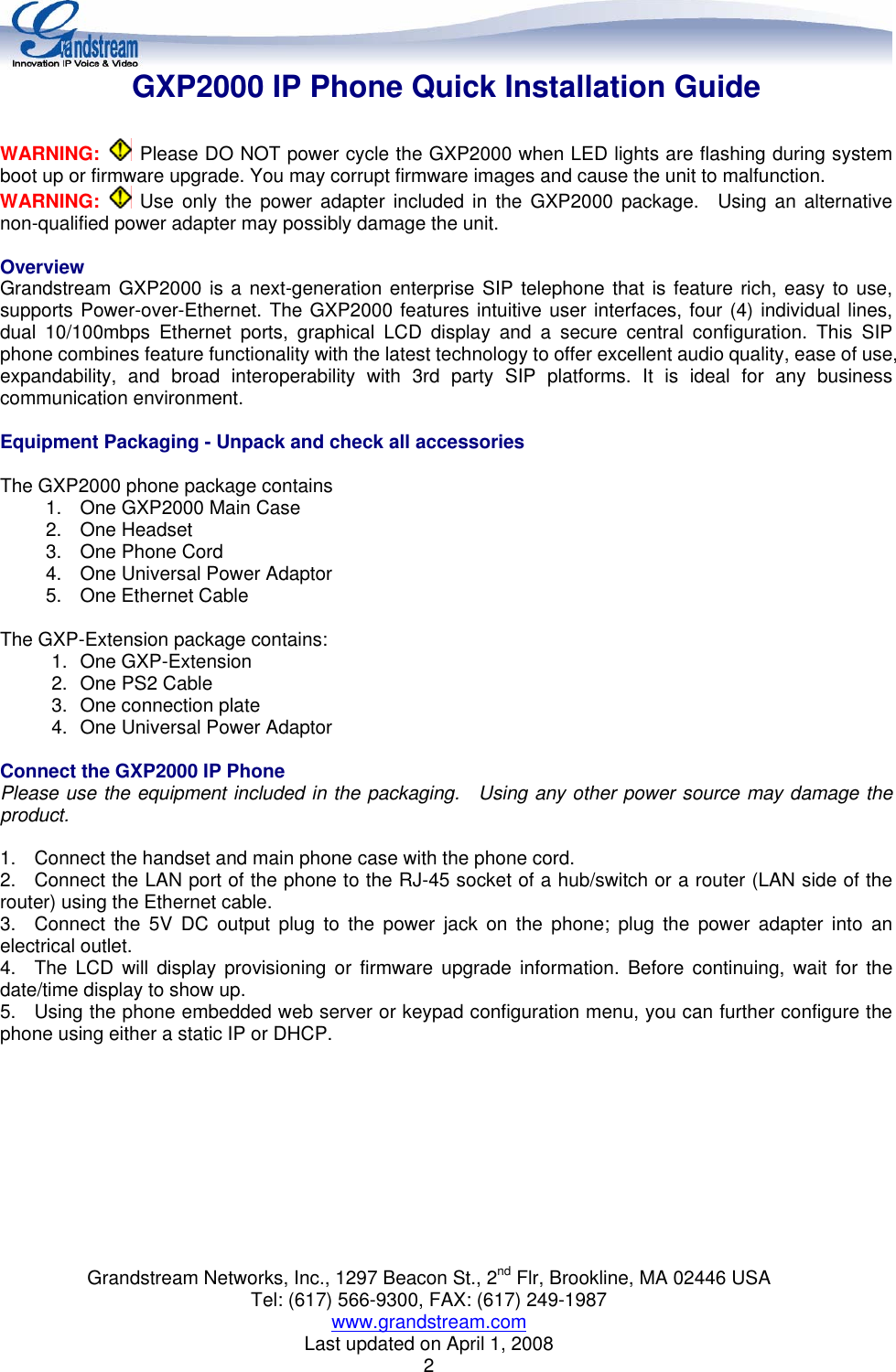 Page 2 of 6 - Grandstream-Networks Grandstream-Networks-Grandstream-Networks-Ip-Phone-Gxp2000-Users-Manual-  Grandstream-networks-grandstream-networks-ip-phone-gxp2000-users-manual