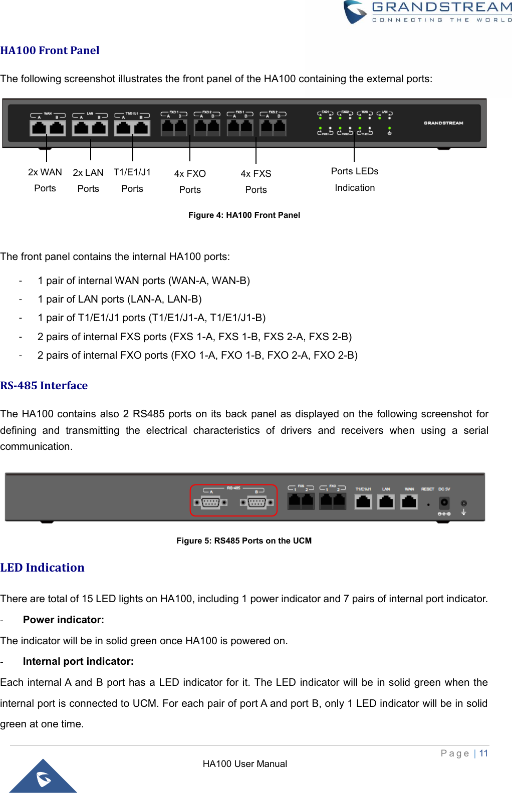 HA100 User Manual  P a g e  | 11   HA100 Front Panel The following screenshot illustrates the front panel of the HA100 containing the external ports:     Figure 4: HA100 Front Panel  The front panel contains the internal HA100 ports: -  1 pair of internal WAN ports (WAN-A, WAN-B) -  1 pair of LAN ports (LAN-A, LAN-B) -  1 pair of T1/E1/J1 ports (T1/E1/J1-A, T1/E1/J1-B) -  2 pairs of internal FXS ports (FXS 1-A, FXS 1-B, FXS 2-A, FXS 2-B) -  2 pairs of internal FXO ports (FXO 1-A, FXO 1-B, FXO 2-A, FXO 2-B) RS-485 Interface The HA100 contains also 2 RS485 ports on its back panel as displayed on the following screenshot for defining  and  transmitting  the  electrical  characteristics  of  drivers  and  receivers  when  using  a  serial communication.  Figure 5: RS485 Ports on the UCM LED Indication There are total of 15 LED lights on HA100, including 1 power indicator and 7 pairs of internal port indicator. - Power indicator: The indicator will be in solid green once HA100 is powered on. - Internal port indicator: Each internal A and B port has a LED indicator for it. The LED indicator will be in solid green when the internal port is connected to UCM. For each pair of port A and port B, only 1 LED indicator will be in solid green at one time. Ports LEDs Indication T1/E1/J1 Ports 4x FXS Ports 2x WAN Ports 4x FXO Ports 2x LAN Ports 