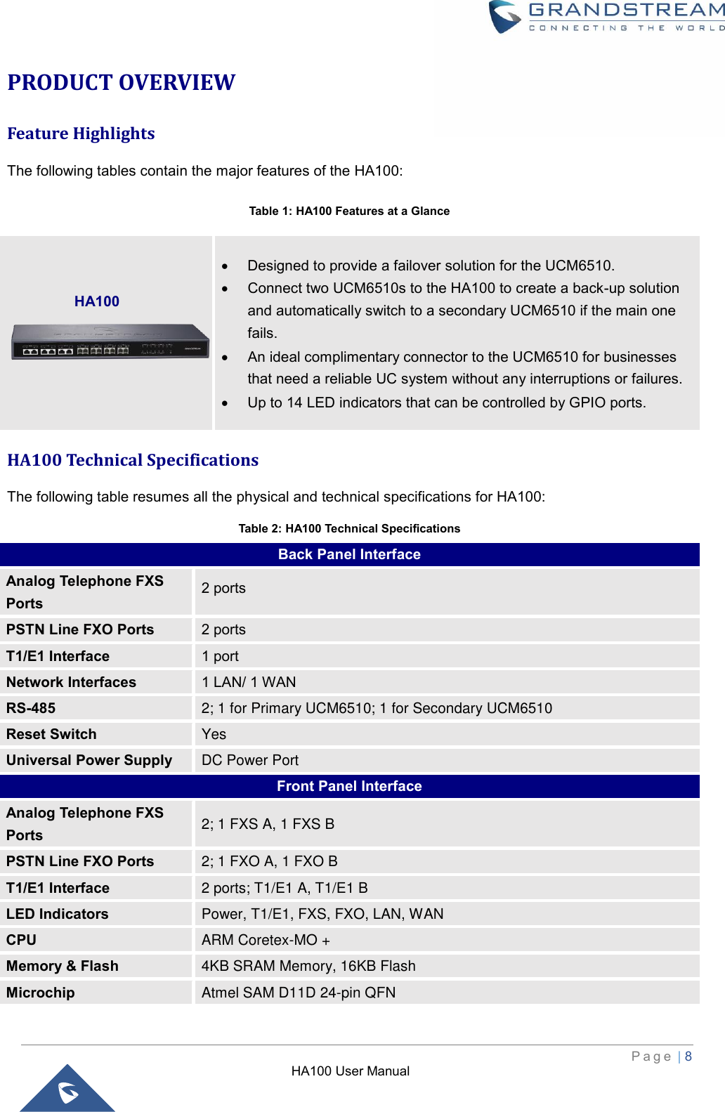 HA100 User Manual  P a g e  | 8   PRODUCT OVERVIEW Feature Highlights The following tables contain the major features of the HA100: Table 1: HA100 Features at a Glance HA100 Technical Specifications The following table resumes all the physical and technical specifications for HA100: Table 2: HA100 Technical Specifications Back Panel Interface Analog Telephone FXS Ports 2 ports PSTN Line FXO Ports 2 ports T1/E1 Interface 1 port Network Interfaces 1 LAN/ 1 WAN RS-485 2; 1 for Primary UCM6510; 1 for Secondary UCM6510 Reset Switch Yes Universal Power Supply DC Power Port Front Panel Interface Analog Telephone FXS Ports 2; 1 FXS A, 1 FXS B PSTN Line FXO Ports 2; 1 FXO A, 1 FXO B T1/E1 Interface 2 ports; T1/E1 A, T1/E1 B LED Indicators Power, T1/E1, FXS, FXO, LAN, WAN CPU ARM Coretex-MO + Memory &amp; Flash 4KB SRAM Memory, 16KB Flash Microchip Atmel SAM D11D 24-pin QFN    • Designed to provide a failover solution for the UCM6510. • Connect two UCM6510s to the HA100 to create a back-up solution and automatically switch to a secondary UCM6510 if the main one fails. • An ideal complimentary connector to the UCM6510 for businesses that need a reliable UC system without any interruptions or failures. • Up to 14 LED indicators that can be controlled by GPIO ports. HA100 