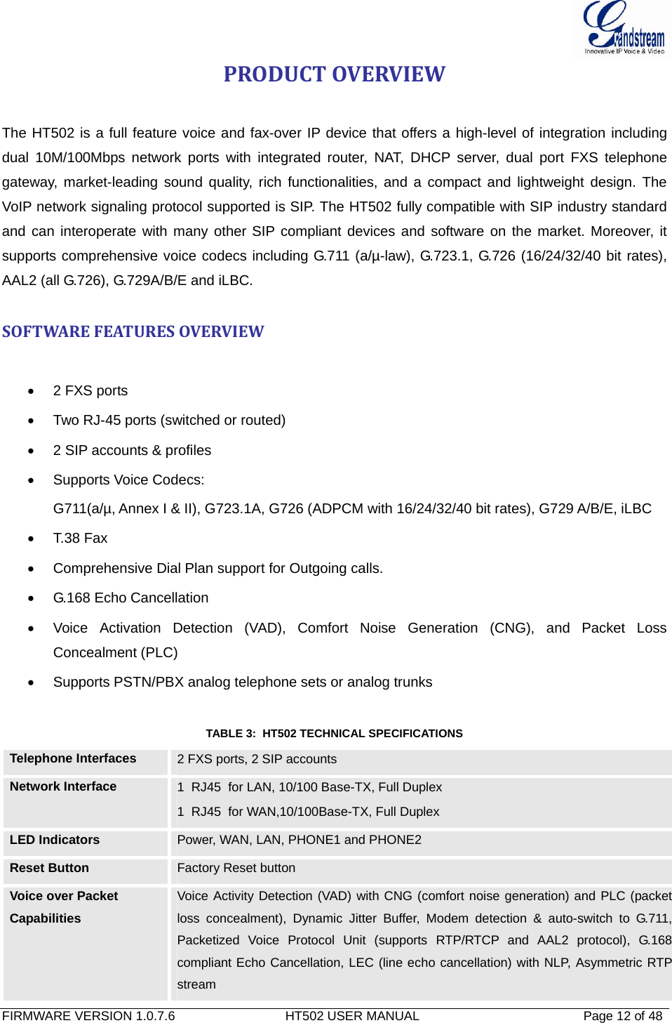  FIRMWARE VERSION 1.0.7.6                               HT502 USER MANUAL                                              Page 12 of 48   PRODUCTOVERVIEW The HT502 is a full feature voice and fax-over IP device that offers a high-level of integration including dual 10M/100Mbps network ports with integrated router, NAT, DHCP server, dual port FXS telephone gateway, market-leading sound quality, rich functionalities, and a compact and lightweight design. The VoIP network signaling protocol supported is SIP. The HT502 fully compatible with SIP industry standard and can interoperate with many other SIP compliant devices and software on the market. Moreover, it supports comprehensive voice codecs including G.711 (a/µ-law), G.723.1, G.726 (16/24/32/40 bit rates), AAL2 (all G.726), G.729A/B/E and iLBC.  SOFTWAREFEATURESOVERVIEW•  2 FXS ports •  Two RJ-45 ports (switched or routed) •  2 SIP accounts &amp; profiles • Supports Voice Codecs:  G711(a/µ, Annex I &amp; II), G723.1A, G726 (ADPCM with 16/24/32/40 bit rates), G729 A/B/E, iLBC •  T.38 Fax  •  Comprehensive Dial Plan support for Outgoing calls. •  G.168 Echo Cancellation •  Voice Activation Detection (VAD), Comfort Noise Generation (CNG), and Packet Loss Concealment (PLC) •  Supports PSTN/PBX analog telephone sets or analog trunks  TABLE 3:  HT502 TECHNICAL SPECIFICATIONS Telephone Interfaces  2 FXS ports, 2 SIP accounts   Network Interface  1  RJ45  for LAN, 10/100 Base-TX, Full Duplex 1  RJ45  for WAN,10/100Base-TX, Full Duplex LED Indicators  Power, WAN, LAN, PHONE1 and PHONE2 Reset Button  Factory Reset button Voice over Packet Capabilities Voice Activity Detection (VAD) with CNG (comfort noise generation) and PLC (packet loss concealment), Dynamic Jitter Buffer, Modem detection &amp; auto-switch to G.711, Packetized Voice Protocol Unit (supports RTP/RTCP and AAL2 protocol), G.168 compliant Echo Cancellation, LEC (line echo cancellation) with NLP, Asymmetric RTP stream 