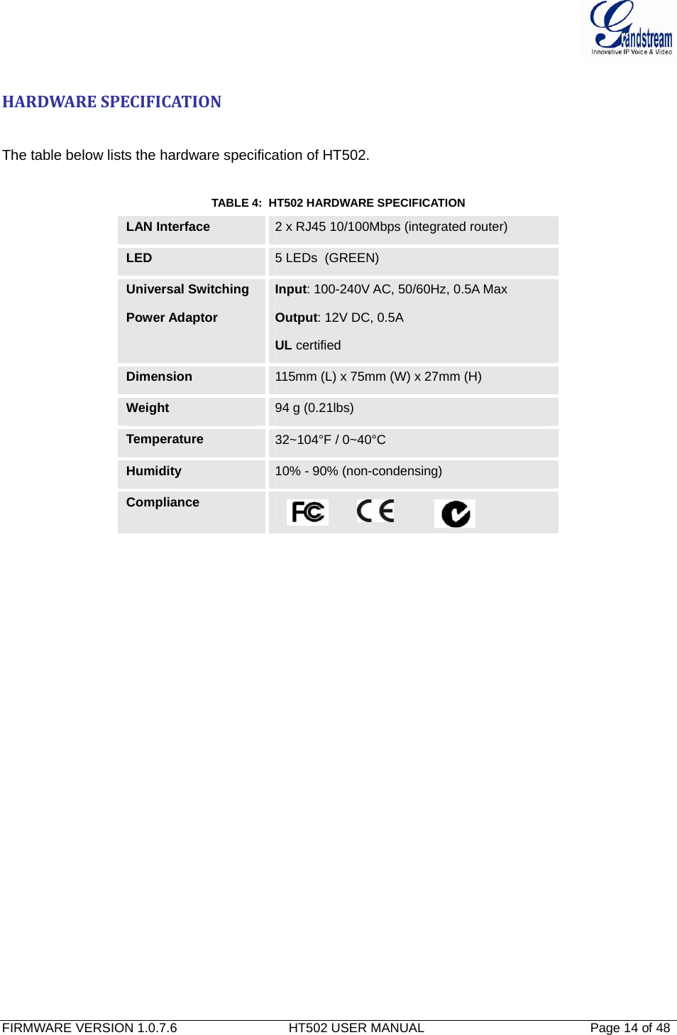  FIRMWARE VERSION 1.0.7.6                               HT502 USER MANUAL                                              Page 14 of 48   HARDWARESPECIFICATION  The table below lists the hardware specification of HT502.   TABLE 4:  HT502 HARDWARE SPECIFICATION LAN Interface  2 x RJ45 10/100Mbps (integrated router) LED  5 LEDs  (GREEN) Universal Switching Power Adaptor Input: 100-240V AC, 50/60Hz, 0.5A Max Output: 12V DC, 0.5A UL certified  Dimension  115mm (L) x 75mm (W) x 27mm (H) Weight  94 g (0.21lbs) Temperature  32~104°F / 0~40°C Humidity  10% - 90% (non-condensing) Compliance                  