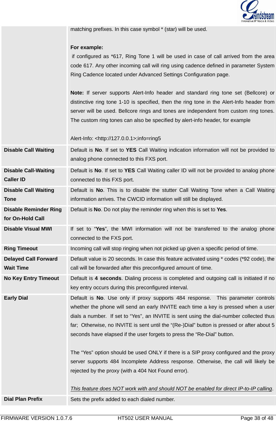  FIRMWARE VERSION 1.0.7.6                               HT502 USER MANUAL                                              Page 38 of 48   matching prefixes. In this case symbol * (star) will be used.   For example:  if configured as *617, Ring Tone 1 will be used in case of call arrived from the area code 617. Any other incoming call will ring using cadence defined in parameter System Ring Cadence located under Advanced Settings Configuration page.  Note: If server supports Alert-Info header and standard ring tone set (Bellcore) or distinctive ring tone 1-10 is specified, then the ring tone in the Alert-Info header from server will be used. Bellcore rings and tones are independent from custom ring tones. The custom ring tones can also be specified by alert-info header, for example  Alert-Info: &lt;http://127.0.0.1&gt;;info=ring5 Disable Call Waiting  Default is No. If set to YES Call Waiting indication information will not be provided to analog phone connected to this FXS port.  Disable Call-Waiting Caller ID Default is No. If set to YES Call Waiting caller ID will not be provided to analog phone connected to this FXS port. Disable Call Waiting Tone Default is No. This is to disable the stutter Call Waiting Tone when a Call Waiting information arrives. The CWCID information will still be displayed. Disable Reminder Ring for On-Hold Call Default is No. Do not play the reminder ring when this is set to Yes. Disable Visual MWI  If set to “Yes”, the MWI information will not be transferred to the analog phone connected to the FXS port.  Ring Timeout  Incoming call will stop ringing when not picked up given a specific period of time. Delayed Call Forward Wait Time Default value is 20 seconds. In case this feature activated using * codes (*92 code), the call will be forwarded after this preconfigured amount of time. No Key Entry Timeout  Default is 4 seconds. Dialing process is completed and outgoing call is initiated if no key entry occurs during this preconfigured interval. Early Dial  Default is No. Use only if proxy supports 484 response.  This parameter controls whether the phone will send an early INVITE each time a key is pressed when a user dials a number.  If set to “Yes”, an INVITE is sent using the dial-number collected thus far;  Otherwise, no INVITE is sent until the “(Re-)Dial” button is pressed or after about 5 seconds have elapsed if the user forgets to press the “Re-Dial” button.   The “Yes” option should be used ONLY if there is a SIP proxy configured and the proxy server supports 484 Incomplete Address response. Otherwise, the call will likely be rejected by the proxy (with a 404 Not Found error).    This feature does NOT work with and should NOT be enabled for direct IP-to-IP calling.Dial Plan Prefix  Sets the prefix added to each dialed number. 