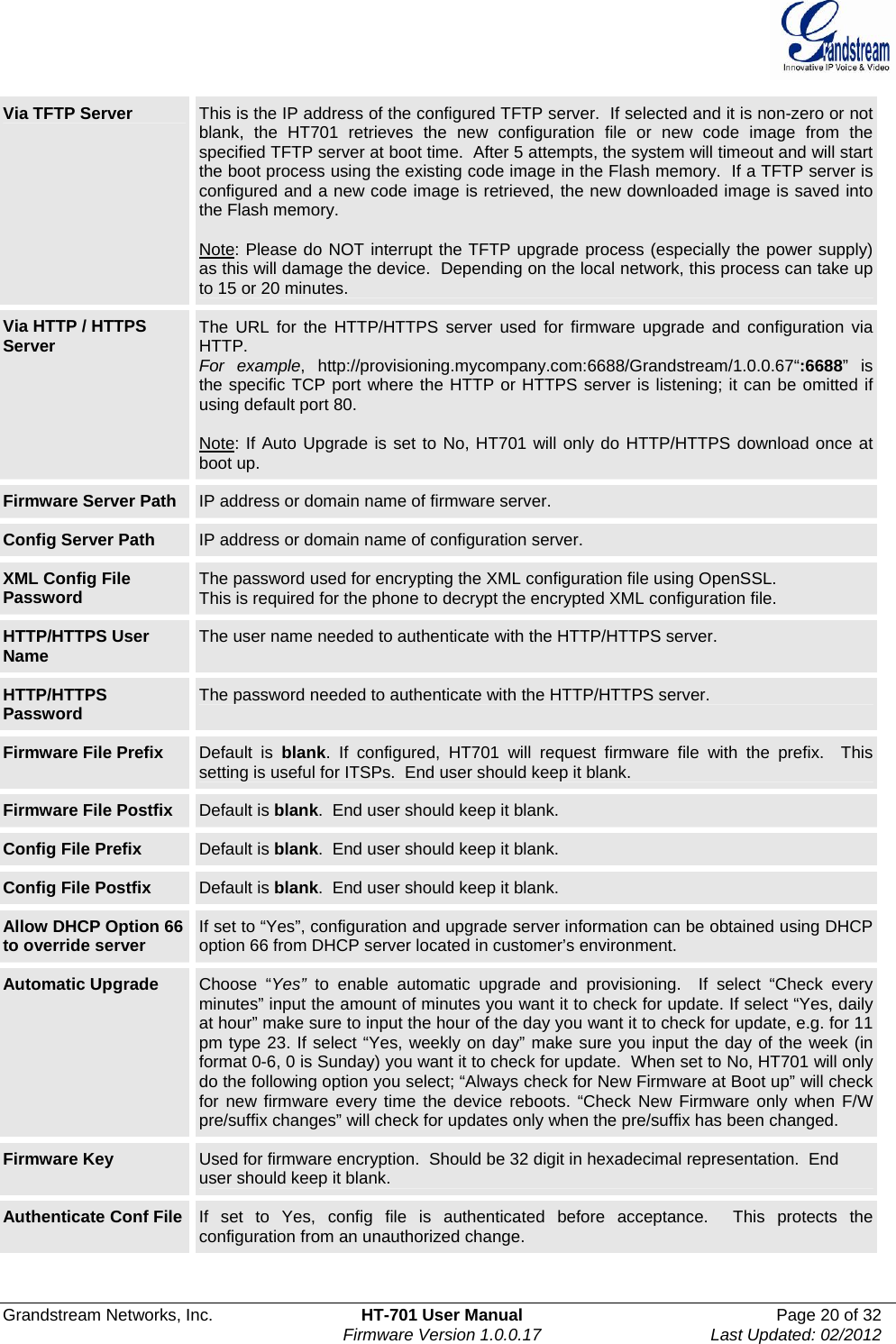  Grandstream Networks, Inc.  HT-701 User Manual  Page 20 of 32    Firmware Version 1.0.0.17  Last Updated: 02/2012  Via TFTP Server  This is the IP address of the configured TFTP server.  If selected and it is non-zero or not blank, the HT701 retrieves the new configuration file or new code image from the specified TFTP server at boot time.  After 5 attempts, the system will timeout and will start the boot process using the existing code image in the Flash memory.  If a TFTP server is configured and a new code image is retrieved, the new downloaded image is saved into the Flash memory.  Note: Please do NOT interrupt the TFTP upgrade process (especially the power supply) as this will damage the device.  Depending on the local network, this process can take up to 15 or 20 minutes. Via HTTP / HTTPS Server  The URL for the HTTP/HTTPS server used for firmware upgrade and configuration via HTTP.   For example, http://provisioning.mycompany.com:6688/Grandstream/1.0.0.67“:6688” is the specific TCP port where the HTTP or HTTPS server is listening; it can be omitted if using default port 80.  Note: If Auto Upgrade is set to No, HT701 will only do HTTP/HTTPS download once at boot up. Firmware Server Path  IP address or domain name of firmware server. Config Server Path  IP address or domain name of configuration server. XML Config File Password  The password used for encrypting the XML configuration file using OpenSSL.  This is required for the phone to decrypt the encrypted XML configuration file. HTTP/HTTPS User Name  The user name needed to authenticate with the HTTP/HTTPS server. HTTP/HTTPS Password  The password needed to authenticate with the HTTP/HTTPS server. Firmware File Prefix  Default is blank. If configured, HT701 will request firmware file with the prefix.  This setting is useful for ITSPs.  End user should keep it blank.  Firmware File Postfix  Default is blank.  End user should keep it blank. Config File Prefix  Default is blank.  End user should keep it blank. Config File Postfix  Default is blank.  End user should keep it blank. Allow DHCP Option 66 to override server  If set to “Yes”, configuration and upgrade server information can be obtained using DHCP option 66 from DHCP server located in customer’s environment. Automatic Upgrade  Choose “Yes”  to enable automatic upgrade and provisioning.  If select “Check everyminutes” input the amount of minutes you want it to check for update. If select “Yes, daily at hour” make sure to input the hour of the day you want it to check for update, e.g. for 11 pm type 23. If select “Yes, weekly on day” make sure you input the day of the week (in format 0-6, 0 is Sunday) you want it to check for update.  When set to No, HT701 will only do the following option you select; “Always check for New Firmware at Boot up” will check for new firmware every time the device reboots. “Check New Firmware only when F/W pre/suffix changes” will check for updates only when the pre/suffix has been changed. Firmware Key  Used for firmware encryption.  Should be 32 digit in hexadecimal representation.  End user should keep it blank.  Authenticate Conf File  If set to Yes, config file is authenticated before acceptance.  This protects the configuration from an unauthorized change.  