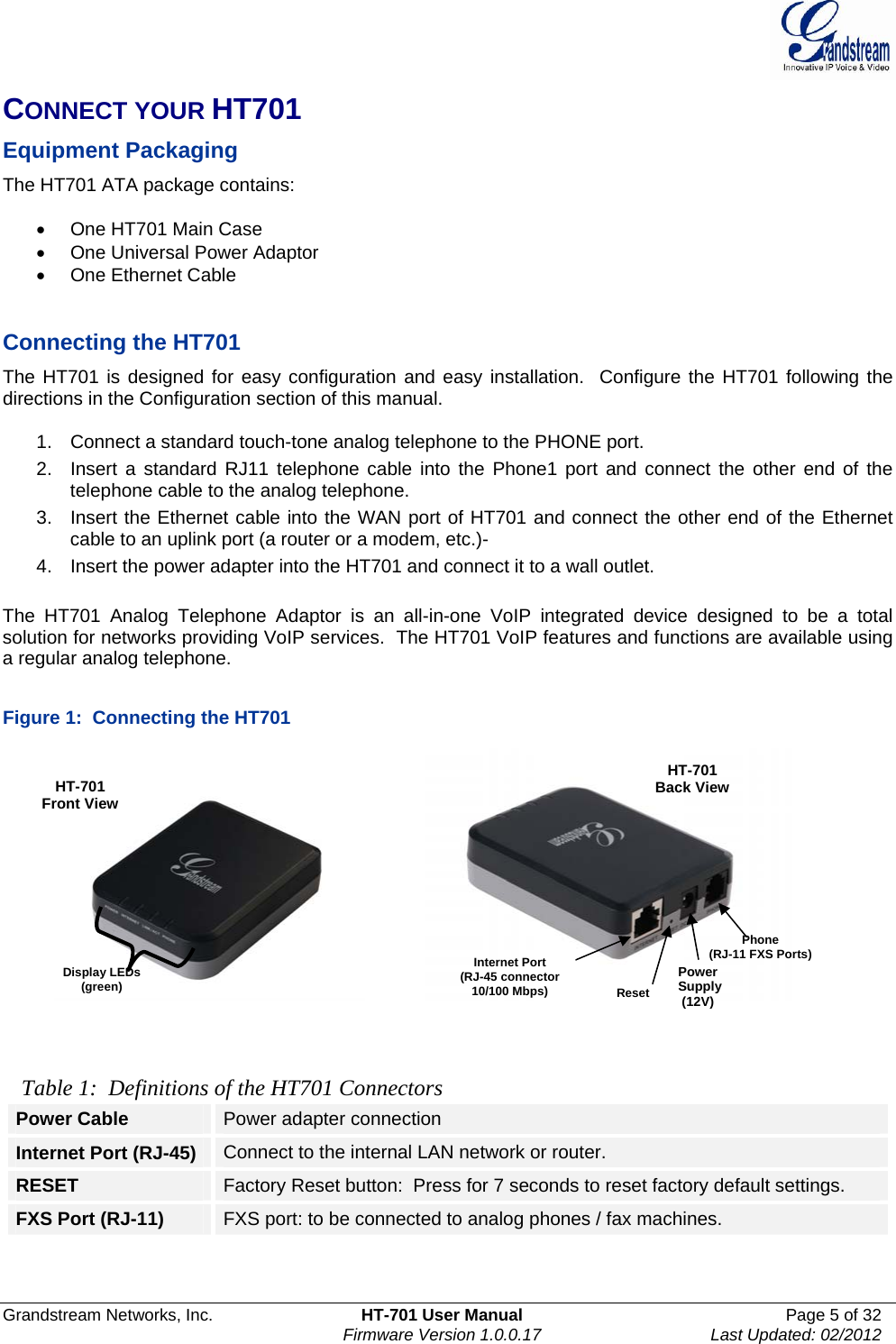  Grandstream Networks, Inc.  HT-701 User Manual  Page 5 of 32    Firmware Version 1.0.0.17  Last Updated: 02/2012  CONNECT YOUR HT701  Equipment Packaging The HT701 ATA package contains:    One HT701 Main Case   One Universal Power Adaptor   One Ethernet Cable   Connecting the HT701 The HT701 is designed for easy configuration and easy installation.  Configure the HT701 following the directions in the Configuration section of this manual.   1.  Connect a standard touch-tone analog telephone to the PHONE port. 2.  Insert a standard RJ11 telephone cable into the Phone1 port and connect the other end of the telephone cable to the analog telephone. 3.  Insert the Ethernet cable into the WAN port of HT701 and connect the other end of the Ethernet cable to an uplink port (a router or a modem, etc.)- 4.  Insert the power adapter into the HT701 and connect it to a wall outlet.   The HT701 Analog Telephone Adaptor is an all-in-one VoIP integrated device designed to be a total solution for networks providing VoIP services.  The HT701 VoIP features and functions are available using a regular analog telephone.   Figure 1:  Connecting the HT701    Table 1:  Definitions of the HT701 Connectors Power Cable  Power adapter connection Internet Port (RJ-45)  Connect to the internal LAN network or router. RESET  Factory Reset button:  Press for 7 seconds to reset factory default settings. FXS Port (RJ-11)  FXS port: to be connected to analog phones / fax machines.   HT-701 Back View Internet Port (RJ-45 connector 10/100 Mbps)  Reset Phone  (RJ-11 FXS Ports)Power Supply   (12V) HT-701 Front View Display LEDs (green) 