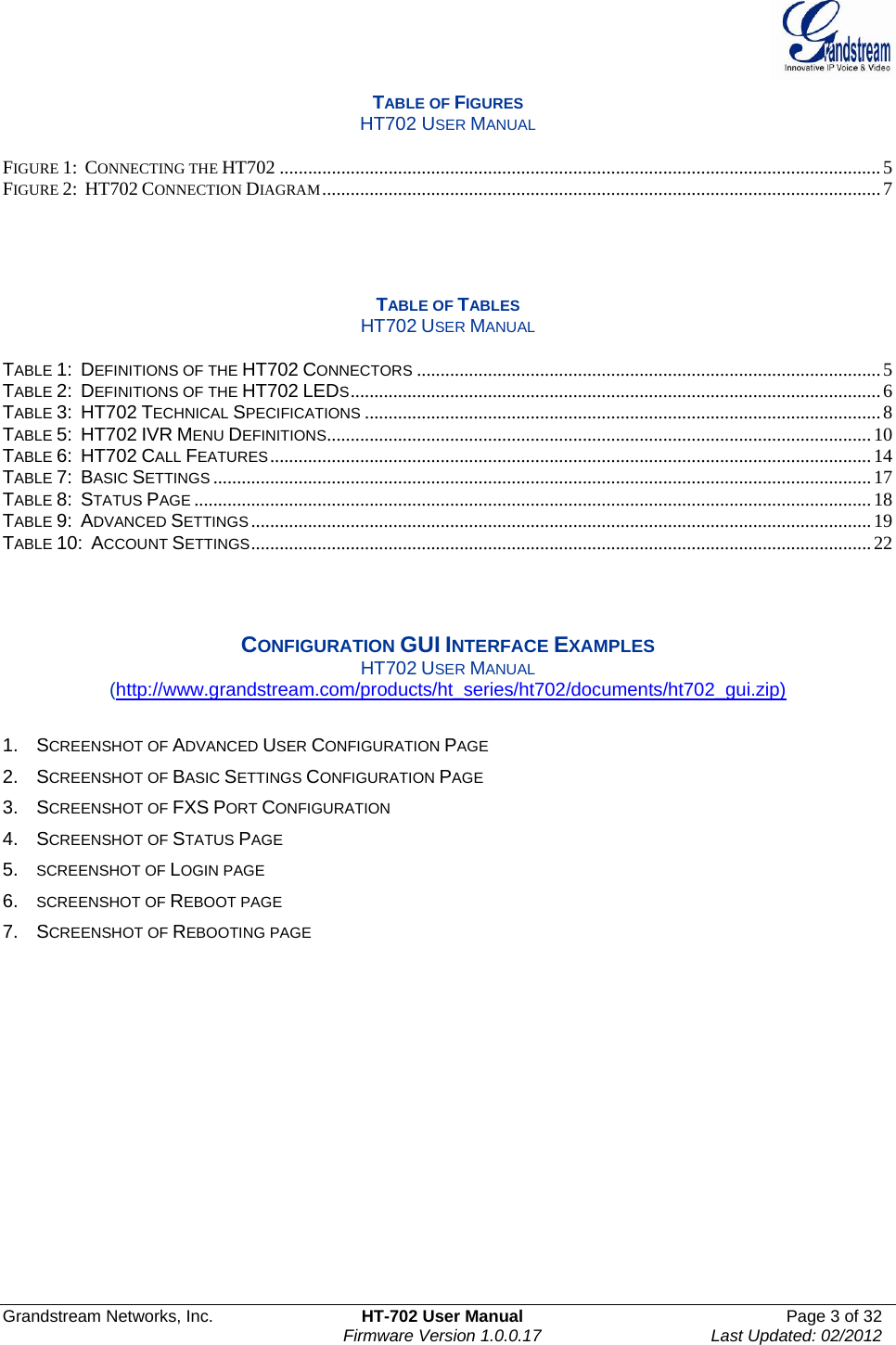  Grandstream Networks, Inc.  HT-702 User Manual  Page 3 of 32    Firmware Version 1.0.0.17  Last Updated: 02/2012  TABLE OF FIGURES HT702 USER MANUAL  FIGURE 1:  CONNECTING THE HT702 ...............................................................................................................................5FIGURE 2:  HT702 CONNECTION DIAGRAM......................................................................................................................7    TABLE OF TABLES HT702 USER MANUAL  TABLE 1:  DEFINITIONS OF THE HT702 CONNECTORS ..................................................................................................5 TABLE 2:  DEFINITIONS OF THE HT702 LEDS................................................................................................................6 TABLE 3:  HT702 TECHNICAL SPECIFICATIONS .............................................................................................................8 TABLE 5:  HT702 IVR MENU DEFINITIONS...................................................................................................................10 TABLE 6:  HT702 CALL FEATURES...............................................................................................................................14 TABLE 7:  BASIC SETTINGS ...........................................................................................................................................17 TABLE 8:  STATUS PAGE ...............................................................................................................................................18 TABLE 9:  ADVANCED SETTINGS...................................................................................................................................19 TABLE 10:  ACCOUNT SETTINGS...................................................................................................................................22    CONFIGURATION GUI INTERFACE EXAMPLES HT702 USER MANUAL (http://www.grandstream.com/products/ht_series/ht702/documents/ht702_gui.zip)  1. SCREENSHOT OF ADVANCED USER CONFIGURATION PAGE  2. SCREENSHOT OF BASIC SETTINGS CONFIGURATION PAGE  3. SCREENSHOT OF FXS PORT CONFIGURATION  4. SCREENSHOT OF STATUS PAGE 5.  SCREENSHOT OF LOGIN PAGE 6.  SCREENSHOT OF REBOOT PAGE 7. SCREENSHOT OF REBOOTING PAGE    