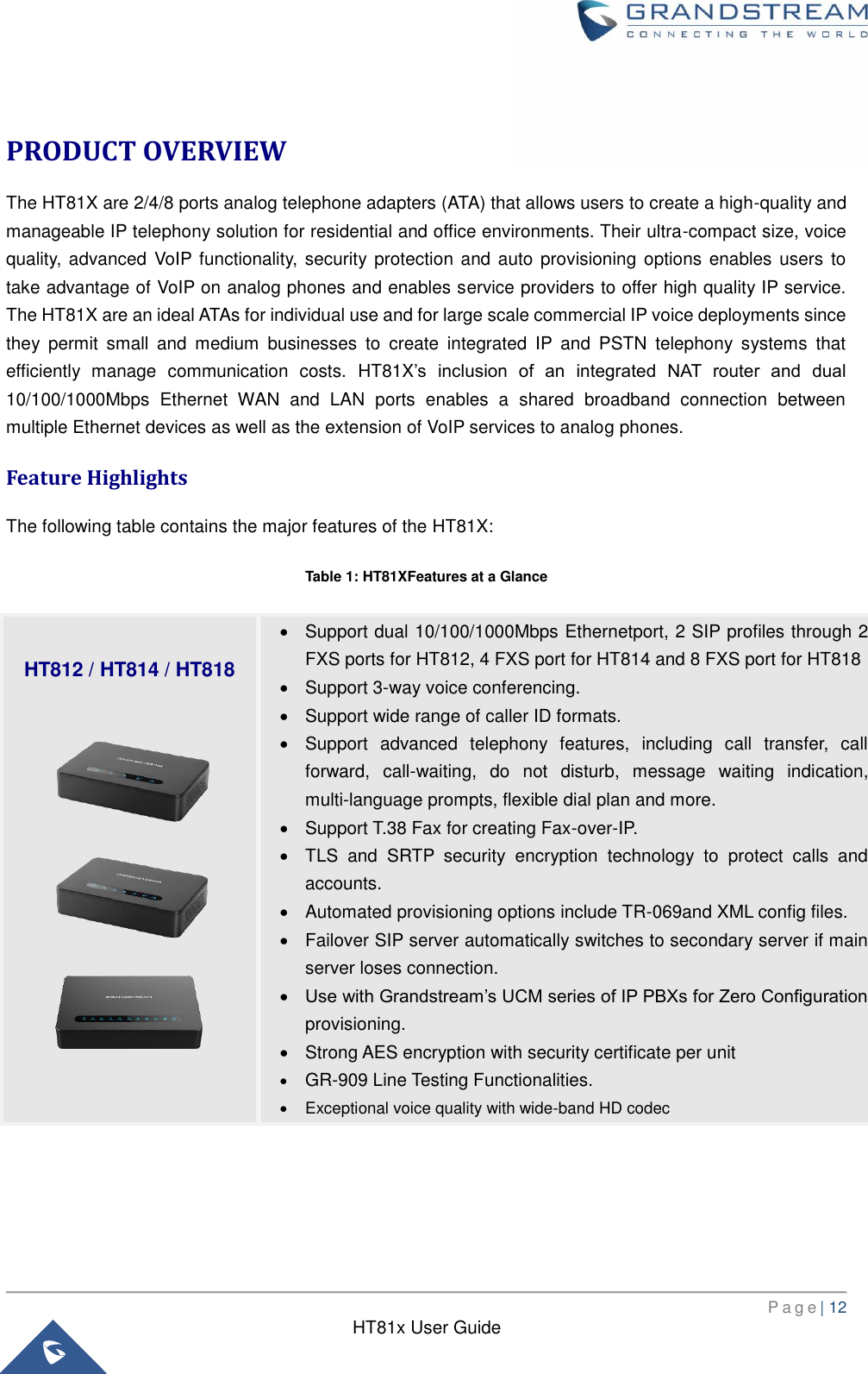       P a g e | 12      HT81x User Guide   PRODUCT OVERVIEW The HT81X are 2/4/8 ports analog telephone adapters (ATA) that allows users to create a high-quality and manageable IP telephony solution for residential and office environments. Their ultra-compact size, voice quality, advanced VoIP functionality, security protection  and auto  provisioning options enables users  to take advantage of VoIP on analog phones and enables service providers to offer high quality IP service. The HT81X are an ideal ATAs for individual use and for large scale commercial IP voice deployments since they  permit  small  and  medium  businesses  to  create  integrated  IP  and  PSTN  telephony  systems  that efficiently  manage  communication  costs.  HT81X’s  inclusion  of  an  integrated  NAT  router  and  dual 10/100/1000Mbps  Ethernet  WAN  and  LAN  ports  enables  a  shared  broadband  connection  between multiple Ethernet devices as well as the extension of VoIP services to analog phones. Feature Highlights The following table contains the major features of the HT81X: Table 1: HT81XFeatures at a Glance      HT812 / HT814 / HT818   Support dual 10/100/1000Mbps Ethernetport, 2 SIP profiles through 2 FXS ports for HT812, 4 FXS port for HT814 and 8 FXS port for HT818   Support 3-way voice conferencing.   Support wide range of caller ID formats.   Support  advanced  telephony  features,  including  call  transfer,  call forward,  call-waiting,  do  not  disturb,  message  waiting  indication, multi-language prompts, flexible dial plan and more.   Support T.38 Fax for creating Fax-over-IP.     TLS  and  SRTP  security  encryption  technology  to  protect  calls  and accounts.   Automated provisioning options include TR-069and XML config files.   Failover SIP server automatically switches to secondary server if main server loses connection.  Use with Grandstream’s UCM series of IP PBXs for Zero Configuration provisioning.   Strong AES encryption with security certificate per unit  GR-909 Line Testing Functionalities.   Exceptional voice quality with wide-band HD codec 