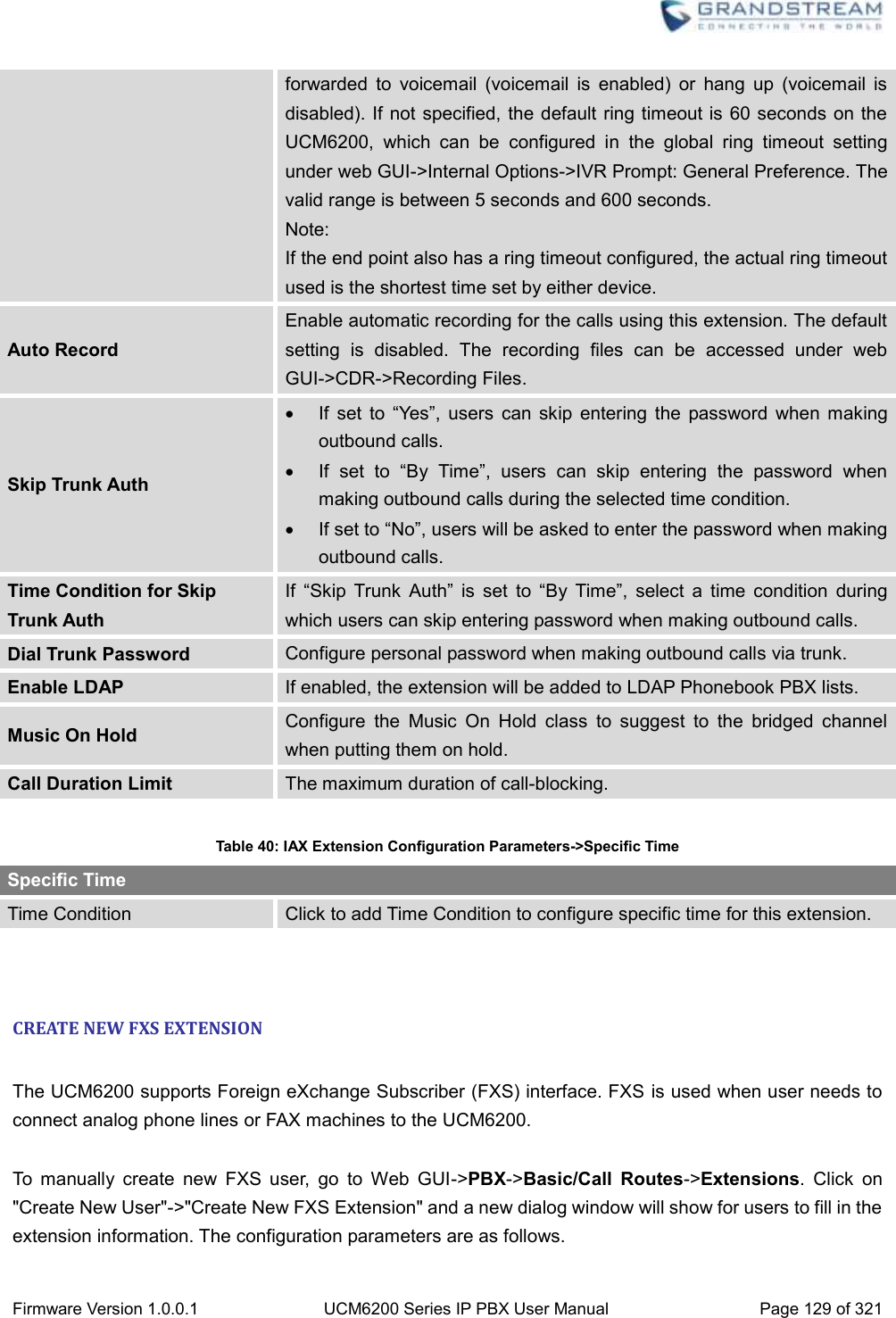  Firmware Version 1.0.0.1 UCM6200 Series IP PBX User Manual Page 129 of 321    forwarded  to  voicemail  (voicemail  is  enabled)  or  hang  up  (voicemail  is disabled). If not specified, the default ring timeout is 60 seconds on the UCM6200,  which  can  be  configured  in  the  global  ring  timeout  setting under web GUI-&gt;Internal Options-&gt;IVR Prompt: General Preference. The valid range is between 5 seconds and 600 seconds. Note: If the end point also has a ring timeout configured, the actual ring timeout used is the shortest time set by either device. Auto Record Enable automatic recording for the calls using this extension. The default setting  is  disabled.  The  recording  files  can  be  accessed  under  web GUI-&gt;CDR-&gt;Recording Files. Skip Trunk Auth   If  set  to  “Yes”,  users  can  skip  entering  the  password  when  making outbound calls.     If  set  to  “By  Time”,  users  can  skip  entering  the  password  when making outbound calls during the selected time condition.     If set to “No”, users will be asked to enter the password when making outbound calls. Time Condition for Skip Trunk Auth If  “Skip  Trunk  Auth”  is  set  to  “By  Time”,  select  a  time  condition  during which users can skip entering password when making outbound calls. Dial Trunk Password Configure personal password when making outbound calls via trunk. Enable LDAP If enabled, the extension will be added to LDAP Phonebook PBX lists. Music On Hold Configure  the  Music  On  Hold  class  to  suggest  to  the  bridged  channel when putting them on hold. Call Duration Limit The maximum duration of call-blocking.  Table 40: IAX Extension Configuration Parameters-&gt;Specific Time Specific Time Time Condition Click to add Time Condition to configure specific time for this extension.   CREATE NEW FXS EXTENSION  The UCM6200 supports Foreign eXchange Subscriber (FXS) interface. FXS is used when user needs to connect analog phone lines or FAX machines to the UCM6200.    To  manually  create  new  FXS  user,  go  to  Web  GUI-&gt;PBX-&gt;Basic/Call  Routes-&gt;Extensions.  Click  on &quot;Create New User&quot;-&gt;&quot;Create New FXS Extension&quot; and a new dialog window will show for users to fill in the extension information. The configuration parameters are as follows. 