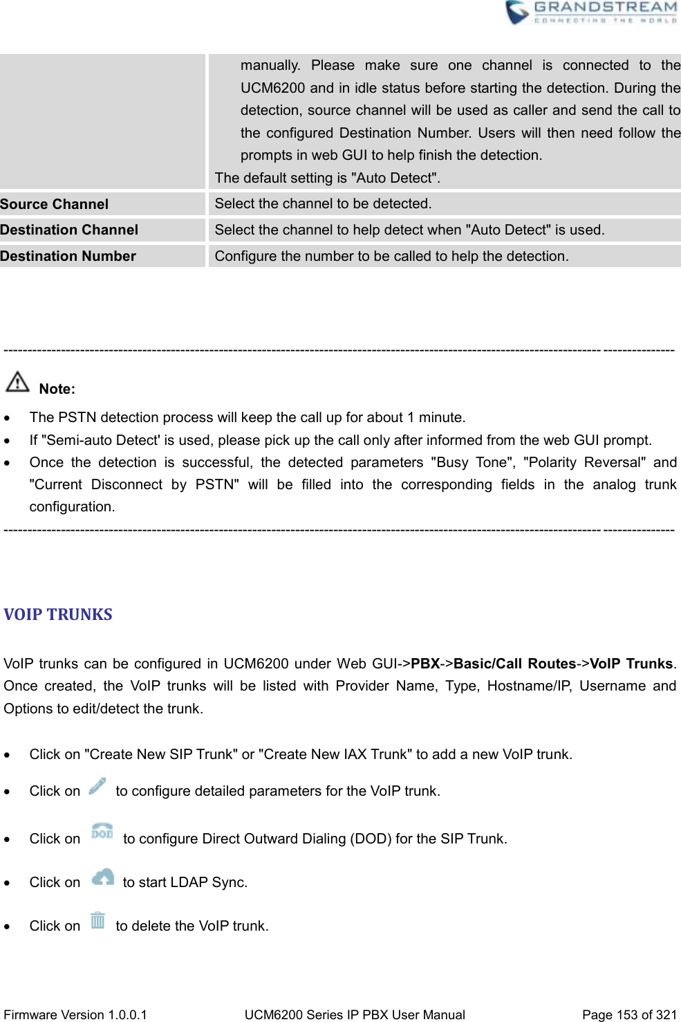  Firmware Version 1.0.0.1 UCM6200 Series IP PBX User Manual Page 153 of 321    manually.  Please  make  sure  one  channel  is  connected  to  the UCM6200 and in idle status before starting the detection. During the detection, source channel will be used as caller and send the call to the  configured  Destination  Number.  Users  will  then  need  follow  the prompts in web GUI to help finish the detection. The default setting is &quot;Auto Detect&quot;. Source Channel Select the channel to be detected. Destination Channel Select the channel to help detect when &quot;Auto Detect&quot; is used. Destination Number Configure the number to be called to help the detection.    ----------------------------------------------------------------------------------------------------------------------------- ---------------  Note:   The PSTN detection process will keep the call up for about 1 minute.   If &quot;Semi-auto Detect&apos; is used, please pick up the call only after informed from the web GUI prompt.   Once  the  detection  is  successful,  the  detected  parameters  &quot;Busy  Tone&quot;,  &quot;Polarity  Reversal&quot;  and &quot;Current  Disconnect  by  PSTN&quot;  will  be  filled  into  the  corresponding  fields  in  the  analog  trunk configuration. ----------------------------------------------------------------------------------------------------------------------------- ---------------   VOIP TRUNKS  VoIP trunks  can be configured  in UCM6200  under Web GUI-&gt;PBX-&gt;Basic/Call Routes-&gt;VoIP Trunks. Once  created,  the  VoIP  trunks  will  be  listed  with  Provider  Name,  Type,  Hostname/IP,  Username  and Options to edit/detect the trunk.    Click on &quot;Create New SIP Trunk&quot; or &quot;Create New IAX Trunk&quot; to add a new VoIP trunk.   Click on    to configure detailed parameters for the VoIP trunk.   Click on    to configure Direct Outward Dialing (DOD) for the SIP Trunk.   Click on    to start LDAP Sync.   Click on    to delete the VoIP trunk.  