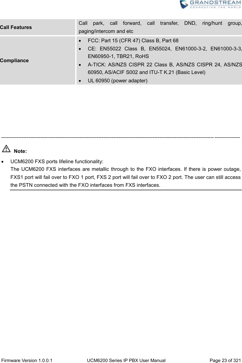  Firmware Version 1.0.0.1 UCM6200 Series IP PBX User Manual Page 23 of 321    Call Features Call  park,  call  forward,  call  transfer,  DND,  ring/hunt  group, paging/intercom and etc Compliance   FCC: Part 15 (CFR 47) Class B, Part 68   CE:  EN55022  Class  B,  EN55024,  EN61000-3-2,  EN61000-3-3, EN60950-1, TBR21, RoHS   A-TICK:  AS/NZS  CISPR  22  Class  B,  AS/NZS  CISPR  24,  AS/NZS 60950, AS/ACIF S002 and ITU-T K.21 (Basic Level)   UL 60950 (power adapter)      ----------------------------------------------------------------------------------------------------------------------------- ---------------  Note:     UCM6200 FXS ports lifeline functionality: The UCM6200 FXS  interfaces  are metallic through to the FXO interfaces. If  there is power outage, FXS1 port will fail over to FXO 1 port, FXS 2 port will fail over to FXO 2 port. The user can still access the PSTN connected with the FXO interfaces from FXS interfaces. 