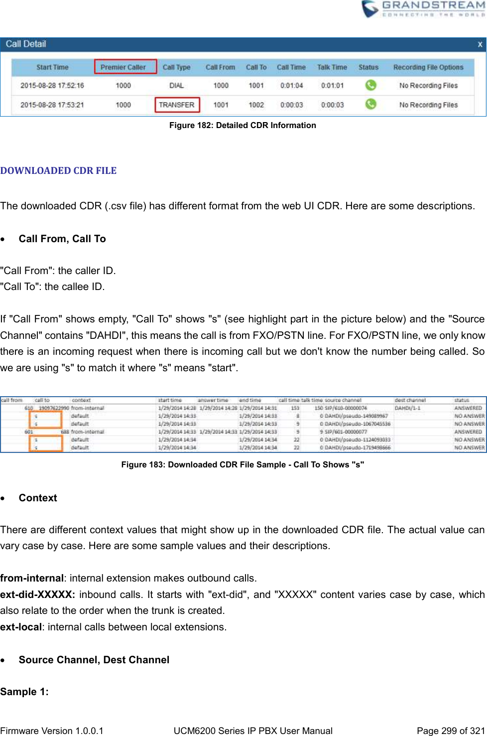  Firmware Version 1.0.0.1 UCM6200 Series IP PBX User Manual Page 299 of 321     Figure 182: Detailed CDR Information  DOWNLOADED CDR FILE  The downloaded CDR (.csv file) has different format from the web UI CDR. Here are some descriptions.   Call From, Call To  &quot;Call From&quot;: the caller ID. &quot;Call To&quot;: the callee ID.  If &quot;Call From&quot; shows empty, &quot;Call To&quot; shows &quot;s&quot; (see highlight part in the picture below) and the &quot;Source Channel&quot; contains &quot;DAHDI&quot;, this means the call is from FXO/PSTN line. For FXO/PSTN line, we only know there is an incoming request when there is incoming call but we don&apos;t know the number being called. So we are using &quot;s&quot; to match it where &quot;s&quot; means &quot;start&quot;.   Figure 183: Downloaded CDR File Sample - Call To Shows &quot;s&quot;   Context  There are different context values that might show up in the downloaded CDR file. The actual value can vary case by case. Here are some sample values and their descriptions.  from-internal: internal extension makes outbound calls. ext-did-XXXXX: inbound calls. It starts with &quot;ext-did&quot;, and &quot;XXXXX&quot; content varies case by case,  which also relate to the order when the trunk is created. ext-local: internal calls between local extensions.   Source Channel, Dest Channel  Sample 1: 