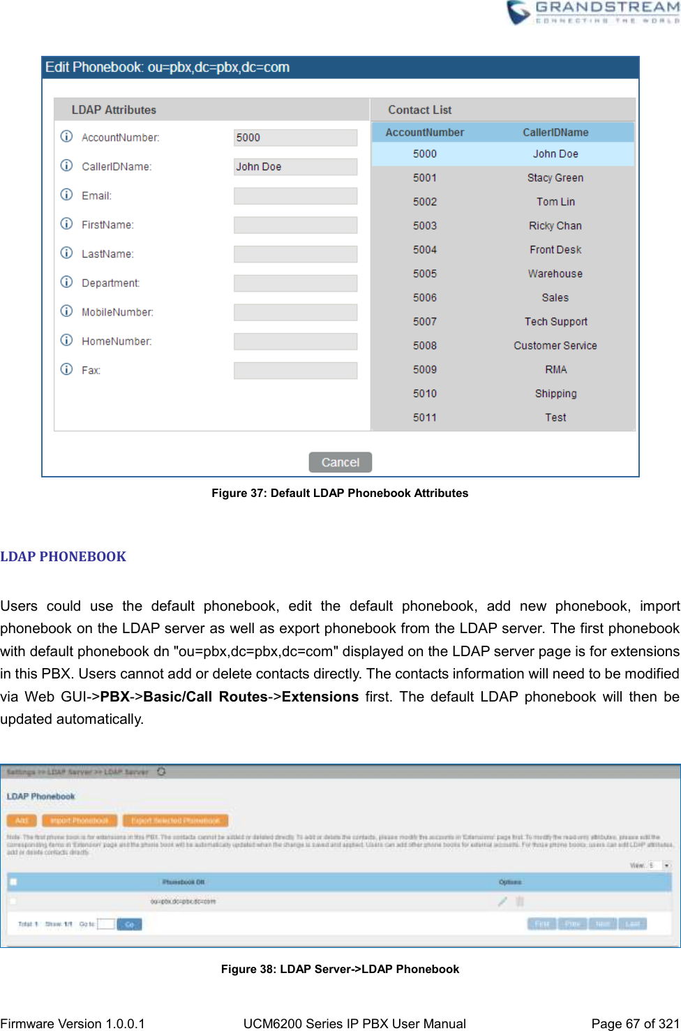  Firmware Version 1.0.0.1 UCM6200 Series IP PBX User Manual Page 67 of 321     Figure 37: Default LDAP Phonebook Attributes  LDAP PHONEBOOK  Users  could  use  the  default  phonebook,  edit  the  default  phonebook,  add  new  phonebook,  import phonebook on the LDAP server as well as export phonebook from the LDAP server. The first phonebook with default phonebook dn &quot;ou=pbx,dc=pbx,dc=com&quot; displayed on the LDAP server page is for extensions in this PBX. Users cannot add or delete contacts directly. The contacts information will need to be modified via  Web  GUI-&gt;PBX-&gt;Basic/Call  Routes-&gt;Extensions  first.  The  default  LDAP  phonebook  will  then  be updated automatically.   Figure 38: LDAP Server-&gt;LDAP Phonebook 