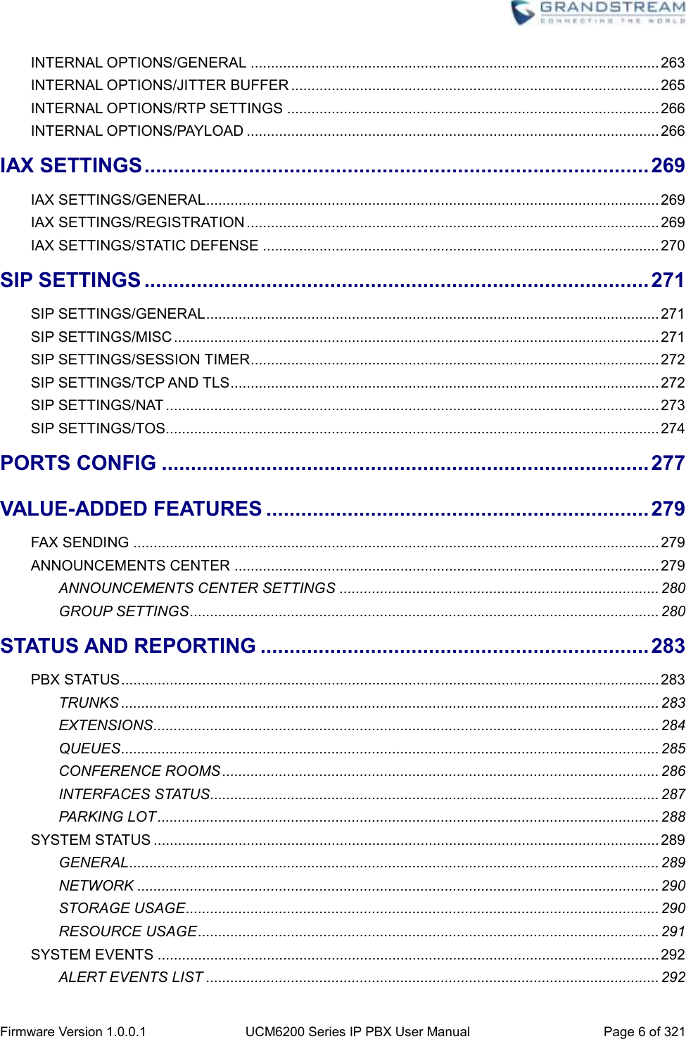  Firmware Version 1.0.0.1 UCM6200 Series IP PBX User Manual Page 6 of 321    INTERNAL OPTIONS/GENERAL ..................................................................................................... 263 INTERNAL OPTIONS/JITTER BUFFER ........................................................................................... 265 INTERNAL OPTIONS/RTP SETTINGS ............................................................................................ 266 INTERNAL OPTIONS/PAYLOAD ...................................................................................................... 266 IAX SETTINGS ....................................................................................... 269 IAX SETTINGS/GENERAL................................................................................................................ 269 IAX SETTINGS/REGISTRATION ...................................................................................................... 269 IAX SETTINGS/STATIC DEFENSE .................................................................................................. 270 SIP SETTINGS ....................................................................................... 271 SIP SETTINGS/GENERAL ................................................................................................................ 271 SIP SETTINGS/MISC ........................................................................................................................ 271 SIP SETTINGS/SESSION TIMER ..................................................................................................... 272 SIP SETTINGS/TCP AND TLS .......................................................................................................... 272 SIP SETTINGS/NAT .......................................................................................................................... 273 SIP SETTINGS/TOS.......................................................................................................................... 274 PORTS CONFIG .................................................................................... 277 VALUE-ADDED FEATURES .................................................................. 279 FAX SENDING .................................................................................................................................. 279 ANNOUNCEMENTS CENTER ......................................................................................................... 279 ANNOUNCEMENTS CENTER SETTINGS ............................................................................... 280 GROUP SETTINGS .................................................................................................................... 280 STATUS AND REPORTING ................................................................... 283 PBX STATUS ..................................................................................................................................... 283 TRUNKS ..................................................................................................................................... 283 EXTENSIONS ............................................................................................................................. 284 QUEUES ..................................................................................................................................... 285 CONFERENCE ROOMS ............................................................................................................ 286 INTERFACES STATUS............................................................................................................... 287 PARKING LOT ............................................................................................................................ 288 SYSTEM STATUS ............................................................................................................................. 289 GENERAL ................................................................................................................................... 289 NETWORK ................................................................................................................................. 290 STORAGE USAGE ..................................................................................................................... 290 RESOURCE USAGE .................................................................................................................. 291 SYSTEM EVENTS ............................................................................................................................ 292 ALERT EVENTS LIST ................................................................................................................ 292 