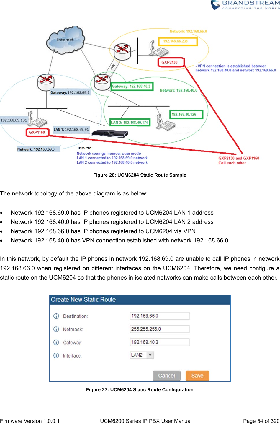  Firmware Version 1.0.0.1  UCM6200 Series IP PBX User Manual  Page 54 of 320  Figure 26: UCM6204 Static Route Sample  The network topology of the above diagram is as below:    Network 192.168.69.0 has IP phones registered to UCM6204 LAN 1 address   Network 192.168.40.0 has IP phones registered to UCM6204 LAN 2 address   Network 192.168.66.0 has IP phones registered to UCM6204 via VPN   Network 192.168.40.0 has VPN connection established with network 192.168.66.0  In this network, by default the IP phones in network 192.168.69.0 are unable to call IP phones in network 192.168.66.0 when registered on different interfaces on the UCM6204. Therefore, we need configure a static route on the UCM6204 so that the phones in isolated networks can make calls between each other.   Figure 27: UCM6204 Static Route Configuration  