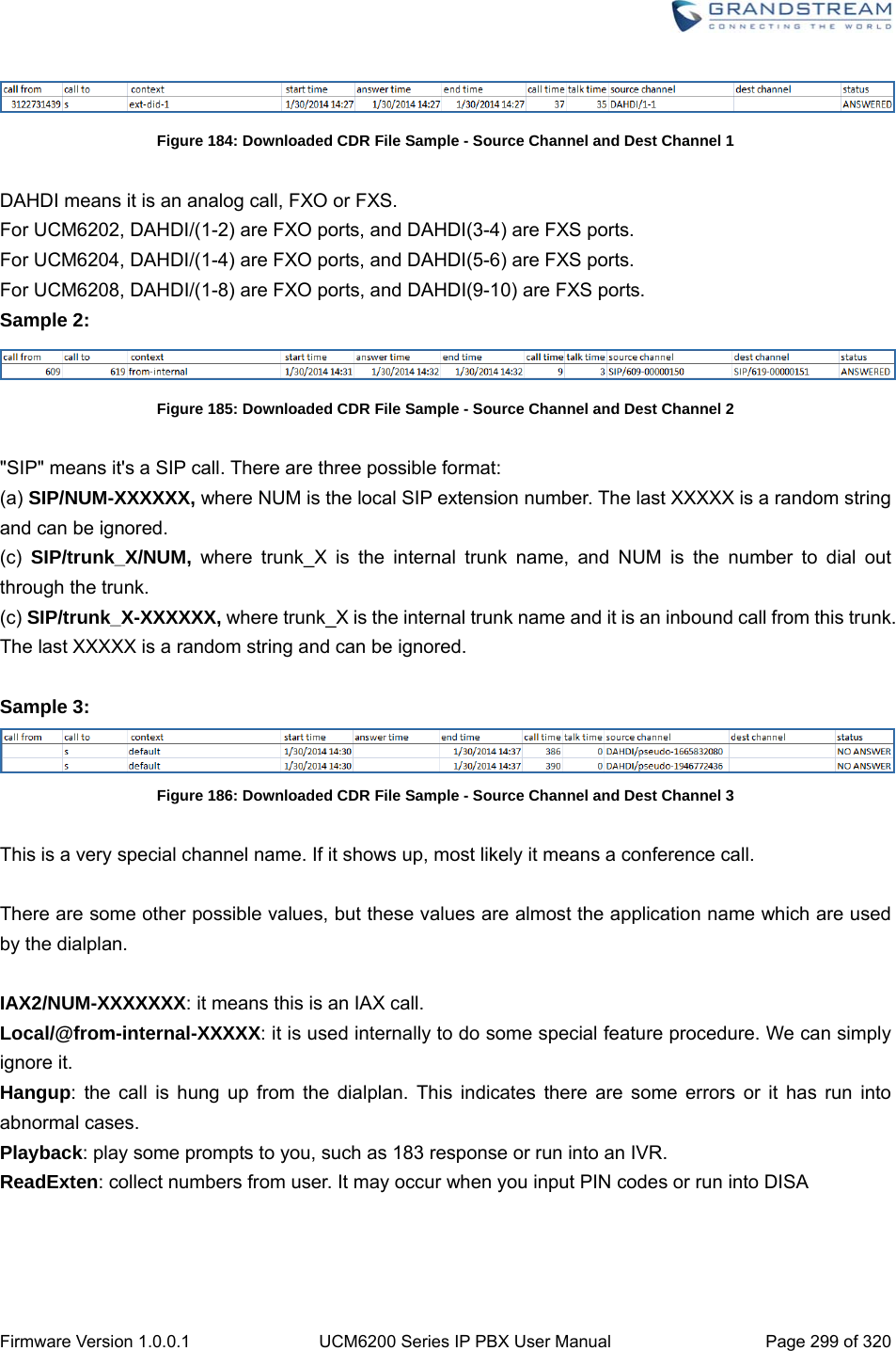  Firmware Version 1.0.0.1  UCM6200 Series IP PBX User Manual  Page 299 of 320  Figure 184: Downloaded CDR File Sample - Source Channel and Dest Channel 1  DAHDI means it is an analog call, FXO or FXS. For UCM6202, DAHDI/(1-2) are FXO ports, and DAHDI(3-4) are FXS ports. For UCM6204, DAHDI/(1-4) are FXO ports, and DAHDI(5-6) are FXS ports. For UCM6208, DAHDI/(1-8) are FXO ports, and DAHDI(9-10) are FXS ports. Sample 2:  Figure 185: Downloaded CDR File Sample - Source Channel and Dest Channel 2  &quot;SIP&quot; means it&apos;s a SIP call. There are three possible format: (a) SIP/NUM-XXXXXX, where NUM is the local SIP extension number. The last XXXXX is a random string and can be ignored. (c)  SIP/trunk_X/NUM, where trunk_X is the internal trunk name, and NUM is the number to dial out through the trunk. (c) SIP/trunk_X-XXXXXX, where trunk_X is the internal trunk name and it is an inbound call from this trunk. The last XXXXX is a random string and can be ignored.  Sample 3:  Figure 186: Downloaded CDR File Sample - Source Channel and Dest Channel 3  This is a very special channel name. If it shows up, most likely it means a conference call.  There are some other possible values, but these values are almost the application name which are used by the dialplan.  IAX2/NUM-XXXXXXX: it means this is an IAX call. Local/@from-internal-XXXXX: it is used internally to do some special feature procedure. We can simply ignore it. Hangup: the call is hung up from the dialplan. This indicates there are some errors or it has run into abnormal cases. Playback: play some prompts to you, such as 183 response or run into an IVR. ReadExten: collect numbers from user. It may occur when you input PIN codes or run into DISA  