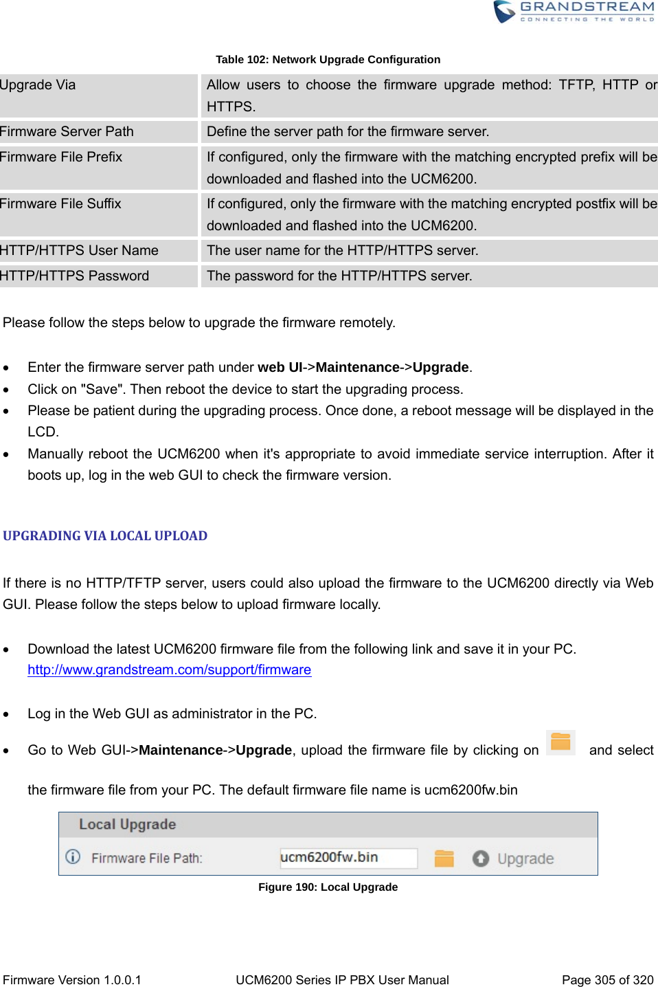  Firmware Version 1.0.0.1  UCM6200 Series IP PBX User Manual  Page 305 of 320 Table 102: Network Upgrade Configuration Upgrade Via  Allow users to choose the firmware upgrade method: TFTP, HTTP or HTTPS. Firmware Server Path  Define the server path for the firmware server. Firmware File Prefix  If configured, only the firmware with the matching encrypted prefix will be downloaded and flashed into the UCM6200. Firmware File Suffix  If configured, only the firmware with the matching encrypted postfix will be downloaded and flashed into the UCM6200. HTTP/HTTPS User Name  The user name for the HTTP/HTTPS server. HTTP/HTTPS Password  The password for the HTTP/HTTPS server.  Please follow the steps below to upgrade the firmware remotely.    Enter the firmware server path under web UI-&gt;Maintenance-&gt;Upgrade.   Click on &quot;Save&quot;. Then reboot the device to start the upgrading process.   Please be patient during the upgrading process. Once done, a reboot message will be displayed in the LCD.   Manually reboot the UCM6200 when it&apos;s appropriate to avoid immediate service interruption. After it boots up, log in the web GUI to check the firmware version.  UPGRADINGVIALOCALUPLOAD If there is no HTTP/TFTP server, users could also upload the firmware to the UCM6200 directly via Web GUI. Please follow the steps below to upload firmware locally.    Download the latest UCM6200 firmware file from the following link and save it in your PC. http://www.grandstream.com/support/firmware    Log in the Web GUI as administrator in the PC.   Go to Web GUI-&gt;Maintenance-&gt;Upgrade, upload the firmware file by clicking on      and select the firmware file from your PC. The default firmware file name is ucm6200fw.bin  Figure 190: Local Upgrade  