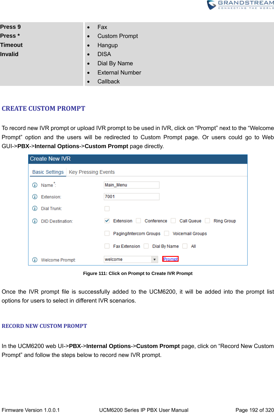  Firmware Version 1.0.0.1  UCM6200 Series IP PBX User Manual  Page 192 of 320 Press 9 Press * Timeout Invalid  Fax  Custom Prompt  Hangup  DISA  Dial By Name  External Number  Callback  CREATECUSTOMPROMPT To record new IVR prompt or upload IVR prompt to be used in IVR, click on “Prompt” next to the “Welcome Prompt” option and the users will be redirected to Custom Prompt page. Or users could go to Web GUI-&gt;PBX-&gt;Internal Options-&gt;Custom Prompt page directly.  Figure 111: Click on Prompt to Create IVR Prompt  Once the IVR prompt file is successfully added to the UCM6200, it will be added into the prompt list options for users to select in different IVR scenarios.  RECORDNEWCUSTOMPROMPT  Settings In the UCM6200 web UI-&gt;PBX-&gt;Internal Options-&gt;Custom Prompt page, click on “Record New Custom Prompt” and follow the steps below to record new IVR prompt.  