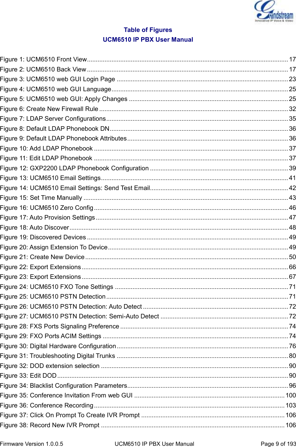  Firmware Version 1.0.0.5 UCM6510 IP PBX User Manual Page 9 of 193  Table of Figures UCM6510 IP PBX User Manual  Figure 1: UCM6510 Front View ................................................................................................................... 17 Figure 2: UCM6510 Back View ................................................................................................................... 17 Figure 3: UCM6510 web GUI Login Page .................................................................................................. 23 Figure 4: UCM6510 web GUI Language ..................................................................................................... 25 Figure 5: UCM6510 web GUI: Apply Changes ........................................................................................... 25 Figure 6: Create New Firewall Rule ............................................................................................................ 32 Figure 7: LDAP Server Configurations ........................................................................................................ 35 Figure 8: Default LDAP Phonebook DN ...................................................................................................... 36 Figure 9: Default LDAP Phonebook Attributes ............................................................................................ 36 Figure 10: Add LDAP Phonebook ............................................................................................................... 37 Figure 11: Edit LDAP Phonebook ............................................................................................................... 37 Figure 12: GXP2200 LDAP Phonebook Configuration ............................................................................... 39 Figure 13: UCM6510 Email Settings ........................................................................................................... 41 Figure 14: UCM6510 Email Settings: Send Test Email............................................................................... 42 Figure 15: Set Time Manually ..................................................................................................................... 43 Figure 16: UCM6510 Zero Config ............................................................................................................... 46 Figure 17: Auto Provision Settings .............................................................................................................. 47 Figure 18: Auto Discover ............................................................................................................................. 48 Figure 19: Discovered Devices ................................................................................................................... 49 Figure 20: Assign Extension To Device ....................................................................................................... 49 Figure 21: Create New Device .................................................................................................................... 50 Figure 22: Export Extensions ...................................................................................................................... 66 Figure 23: Export Extensions ...................................................................................................................... 67 Figure 24: UCM6510 FXO Tone Settings ................................................................................................... 71 Figure 25: UCM6510 PSTN Detection ........................................................................................................ 71 Figure 26: UCM6510 PSTN Detection: Auto Detect ................................................................................... 72 Figure 27: UCM6510 PSTN Detection: Semi-Auto Detect ......................................................................... 72 Figure 28: FXS Ports Signaling Preference ................................................................................................ 74 Figure 29: FXO Ports ACIM Settings .......................................................................................................... 74 Figure 30: Digital Hardware Configuration .................................................................................................. 76 Figure 31: Troubleshooting Digital Trunks .................................................................................................. 80 Figure 32: DOD extension selection ........................................................................................................... 90 Figure 33: Edit DOD .................................................................................................................................... 90 Figure 34: Blacklist Configuration Parameters ............................................................................................ 96 Figure 35: Conference Invitation From web GUI ...................................................................................... 100 Figure 36: Conference Recording ............................................................................................................. 103 Figure 37: Click On Prompt To Create IVR Prompt .................................................................................. 106 Figure 38: Record New IVR Prompt ......................................................................................................... 106 