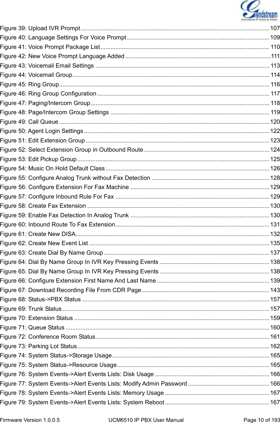  Firmware Version 1.0.0.5 UCM6510 IP PBX User Manual Page 10 of 193  Figure 39: Upload IVR Prompt .................................................................................................................. 107 Figure 40: Language Settings For Voice Prompt ...................................................................................... 109 Figure 41: Voice Prompt Package List ...................................................................................................... 110 Figure 42: New Voice Prompt Language Added ........................................................................................111 Figure 43: Voicemail Email Settings ......................................................................................................... 113 Figure 44: Voicemail Group....................................................................................................................... 114 Figure 45: Ring Group ............................................................................................................................... 116 Figure 46: Ring Group Configuration ........................................................................................................ 117 Figure 47: Paging/Intercom Group ............................................................................................................ 118 Figure 48: Page/Intercom Group Settings ................................................................................................ 119 Figure 49: Call Queue ............................................................................................................................... 120 Figure 50: Agent Login Settings ................................................................................................................ 122 Figure 51: Edit Extension Group ............................................................................................................... 123 Figure 52: Select Extension Group in Outbound Route ............................................................................ 124 Figure 53: Edit Pickup Group .................................................................................................................... 125 Figure 54: Music On Hold Default Class ................................................................................................... 126 Figure 55: Configure Analog Trunk without Fax Detection ....................................................................... 128 Figure 56: Configure Extension For Fax Machine .................................................................................... 129 Figure 57: Configure Inbound Rule For Fax ............................................................................................. 129 Figure 58: Create Fax Extension .............................................................................................................. 130 Figure 59: Enable Fax Detection In Analog Trunk .................................................................................... 130 Figure 60: Inbound Route To Fax Extension ............................................................................................. 131 Figure 61: Create New DISA..................................................................................................................... 132 Figure 62: Create New Event List ............................................................................................................. 135 Figure 63: Create Dial By Name Group .................................................................................................... 137 Figure 64: Dial By Name Group In IVR Key Pressing Events .................................................................. 138 Figure 65: Dial By Name Group In IVR Key Pressing Events .................................................................. 138 Figure 66: Configure Extension First Name And Last Name .................................................................... 139 Figure 67: Download Recording File From CDR Page ............................................................................. 143 Figure 68: Status-&gt;PBX Status ................................................................................................................. 157 Figure 69: Trunk Status ............................................................................................................................. 157 Figure 70: Extension Status ...................................................................................................................... 159 Figure 71: Queue Status ........................................................................................................................... 160 Figure 72: Conference Room Status ......................................................................................................... 161 Figure 73: Parking Lot Status .................................................................................................................... 162 Figure 74: System Status-&gt;Storage Usage ............................................................................................... 165 Figure 75: System Status-&gt;Resource Usage ............................................................................................ 165 Figure 76: System Events-&gt;Alert Events Lists: Disk Usage ..................................................................... 166 Figure 77: System Events-&gt;Alert Events Lists: Modify Admin Password ................................................. 166 Figure 78: System Events-&gt;Alert Events Lists: Memory Usage ............................................................... 167 Figure 79: System Events-&gt;Alert Events Lists: System Reboot ............................................................... 167 