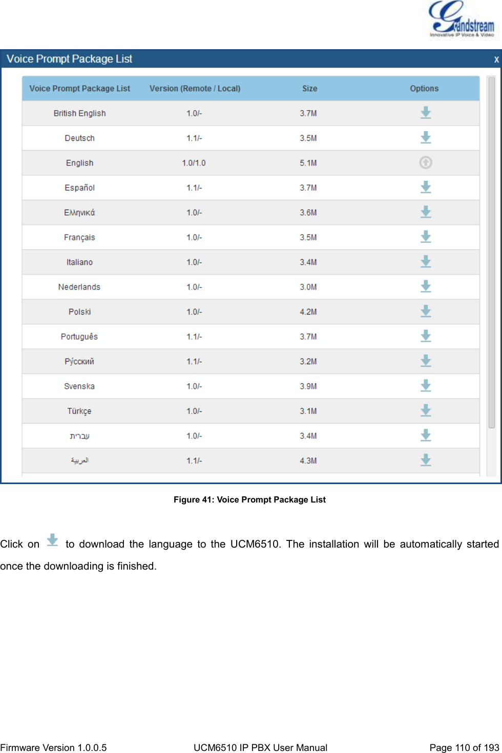  Firmware Version 1.0.0.5 UCM6510 IP PBX User Manual Page 110 of 193   Figure 41: Voice Prompt Package List  Click  on    to  download  the  language  to  the  UCM6510.  The  installation  will  be  automatically  started once the downloading is finished.  