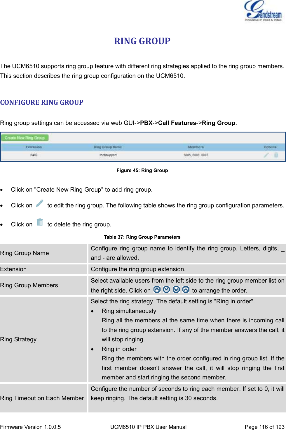  Firmware Version 1.0.0.5 UCM6510 IP PBX User Manual Page 116 of 193  RING GROUP  The UCM6510 supports ring group feature with different ring strategies applied to the ring group members. This section describes the ring group configuration on the UCM6510.  CONFIGURE RING GROUP  Ring group settings can be accessed via web GUI-&gt;PBX-&gt;Call Features-&gt;Ring Group.    Figure 45: Ring Group    Click on &quot;Create New Ring Group&quot; to add ring group.   Click on    to edit the ring group. The following table shows the ring group configuration parameters.   Click on    to delete the ring group. Table 37: Ring Group Parameters Ring Group Name Configure  ring group name  to  identify the  ring  group.  Letters,  digits,  _ and - are allowed. Extension Configure the ring group extension. Ring Group Members Select available users from the left side to the ring group member list on the right side. Click on          to arrange the order. Ring Strategy Select the ring strategy. The default setting is &quot;Ring in order&quot;.   Ring simultaneously Ring all the members at the same time when there is incoming call to the ring group extension. If any of the member answers the call, it will stop ringing.   Ring in order Ring the members with the order configured in ring group list. If the first  member  doesn&apos;t  answer  the  call,  it  will  stop  ringing  the  first member and start ringing the second member. Ring Timeout on Each Member Configure the number of seconds to ring each member. If set to 0, it will keep ringing. The default setting is 30 seconds.  